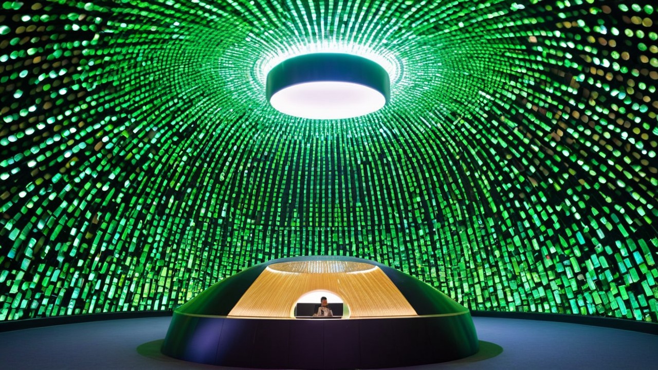 Futuristic Interior with Domed Structure and Green Lights