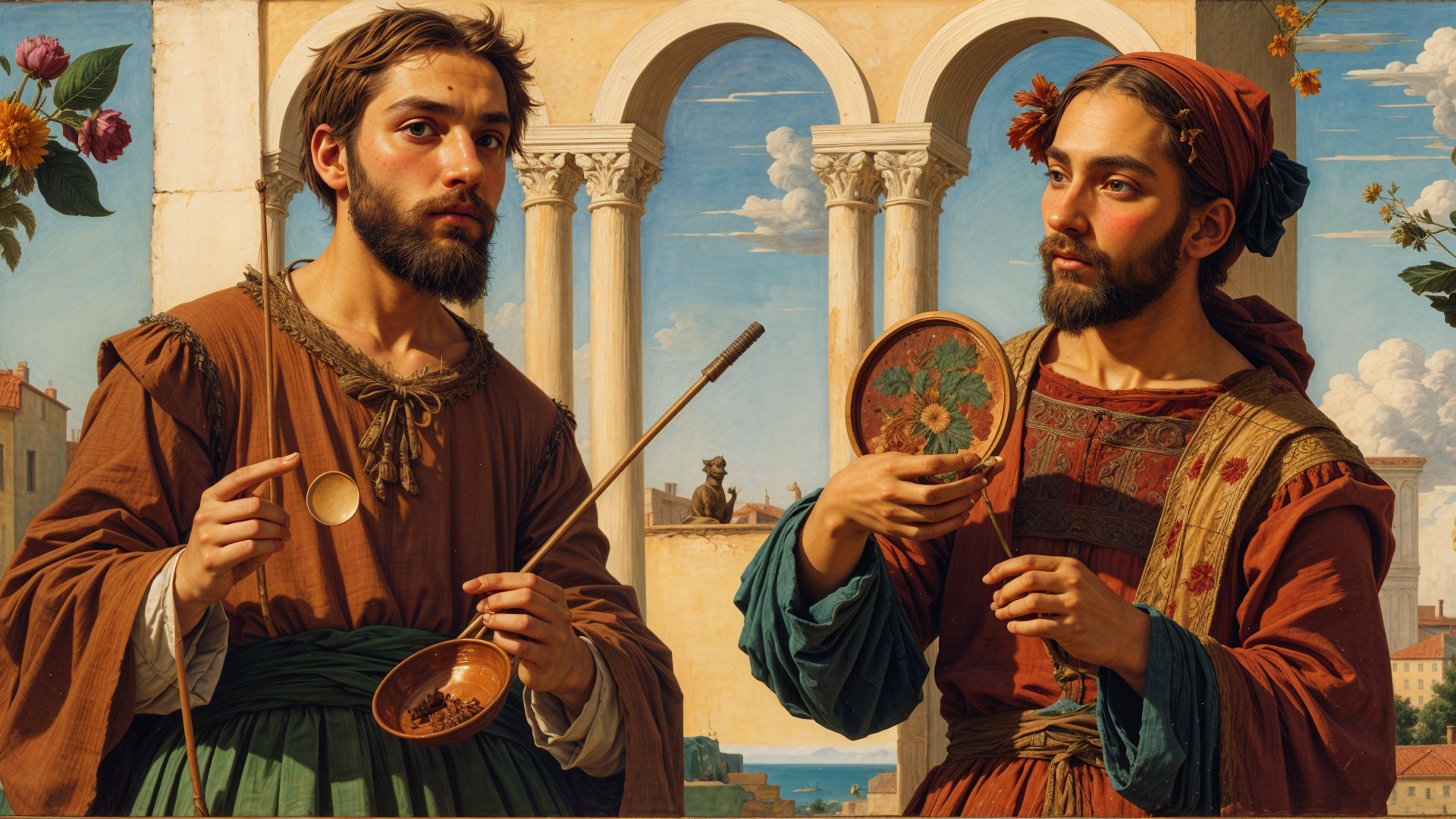 Young Men in Historical Attire Against Classical Architecture