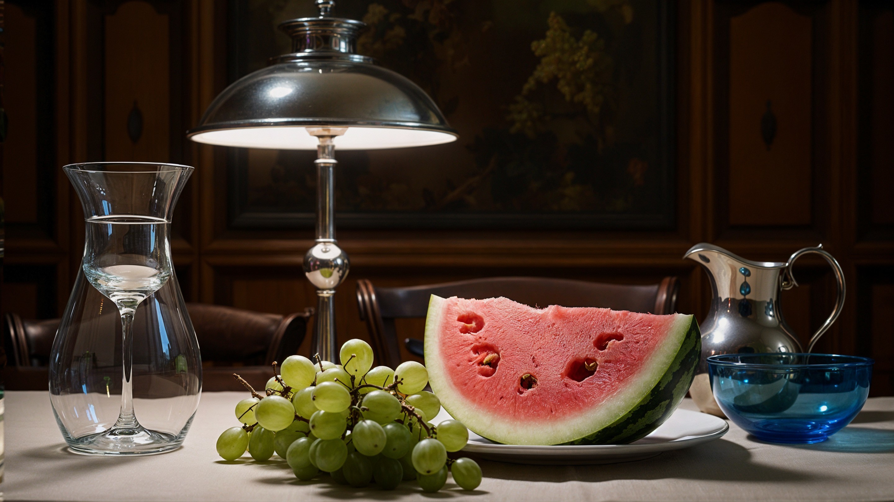 Still Life with Watermelon, Grapes, and Elegant Decor