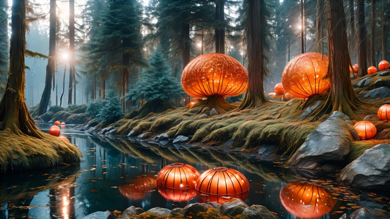 Mystical forest at dawn with glowing mushrooms and orbs