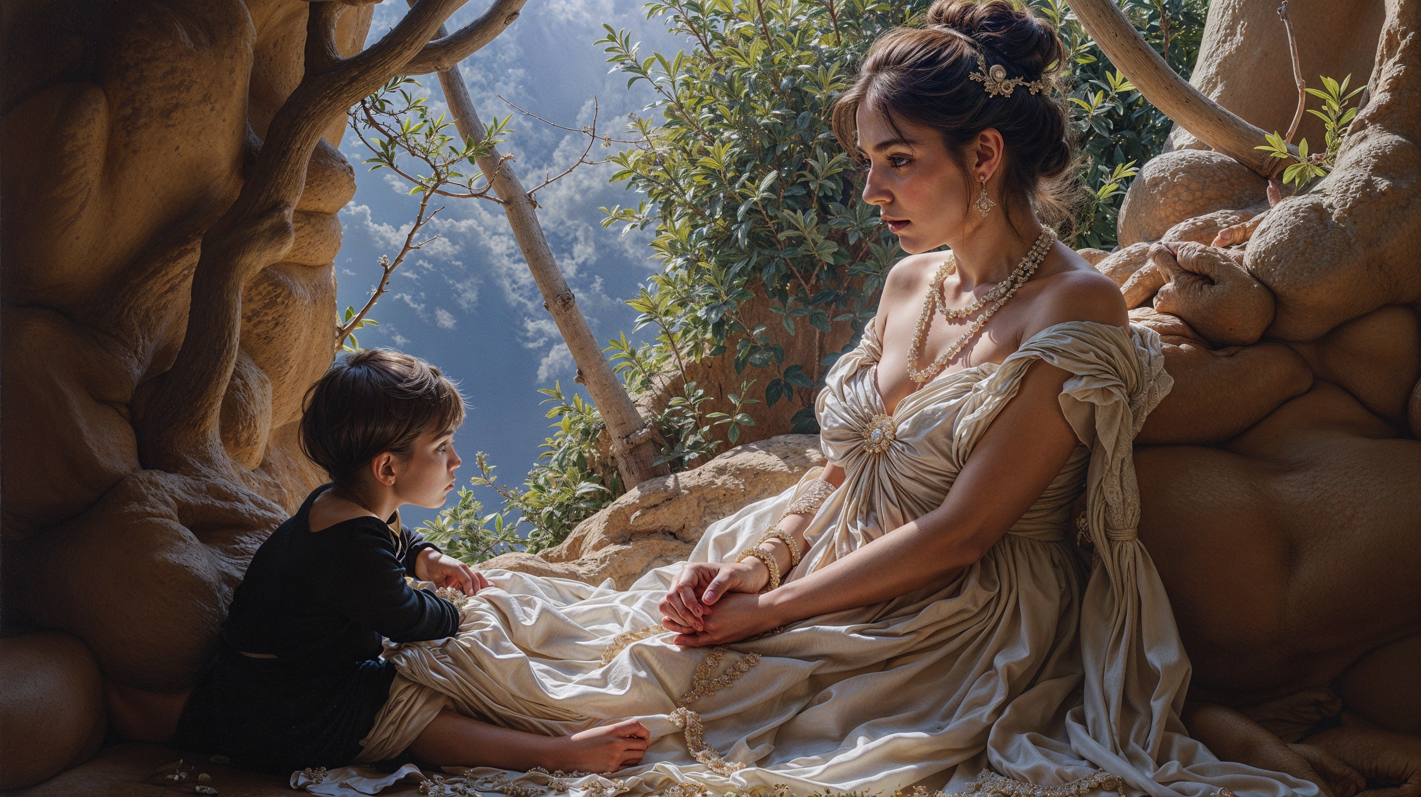 Woman in Gown and Child in Dreamlike Setting