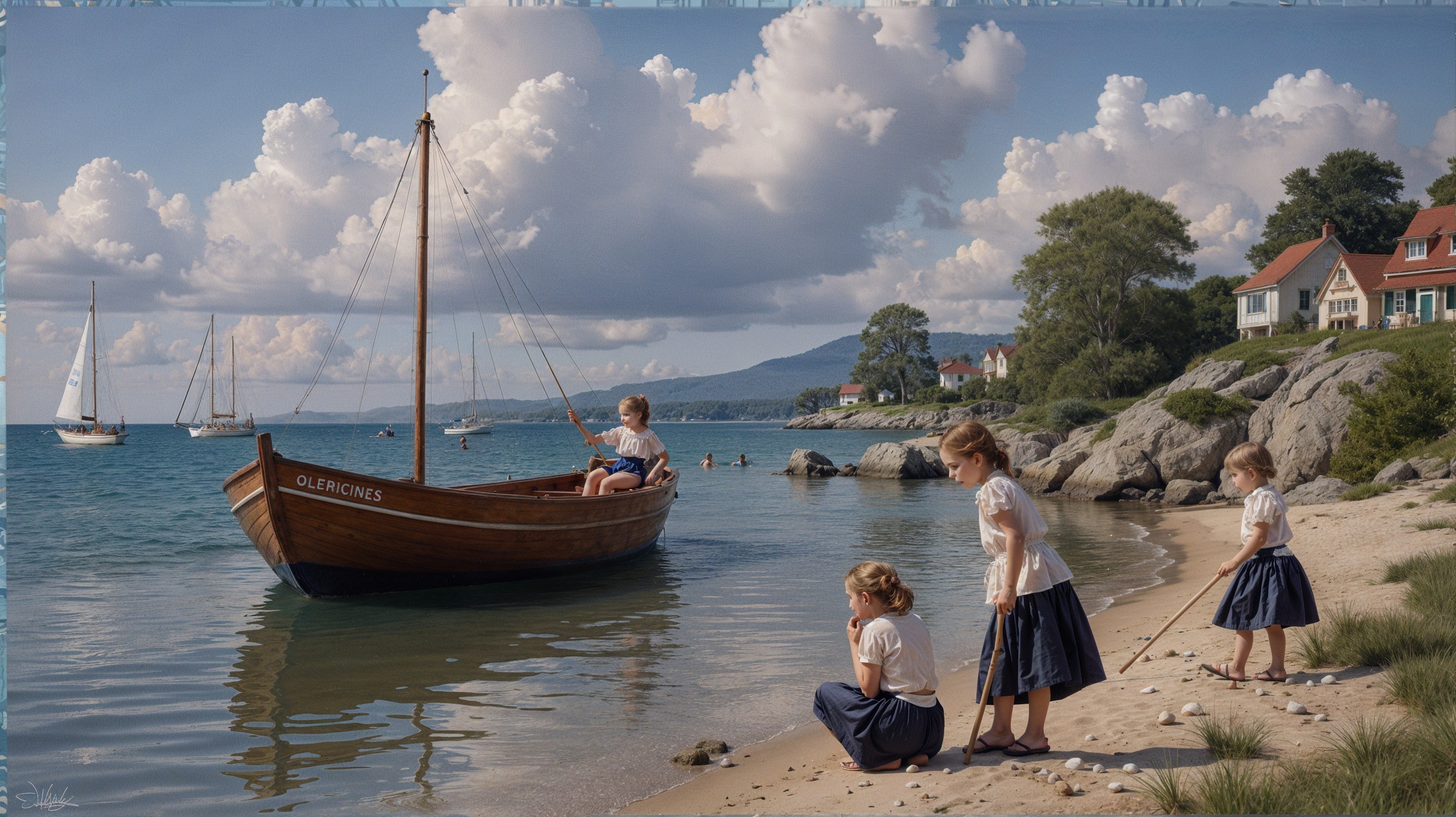 Children Playing by Water with Boat and Scenic Background