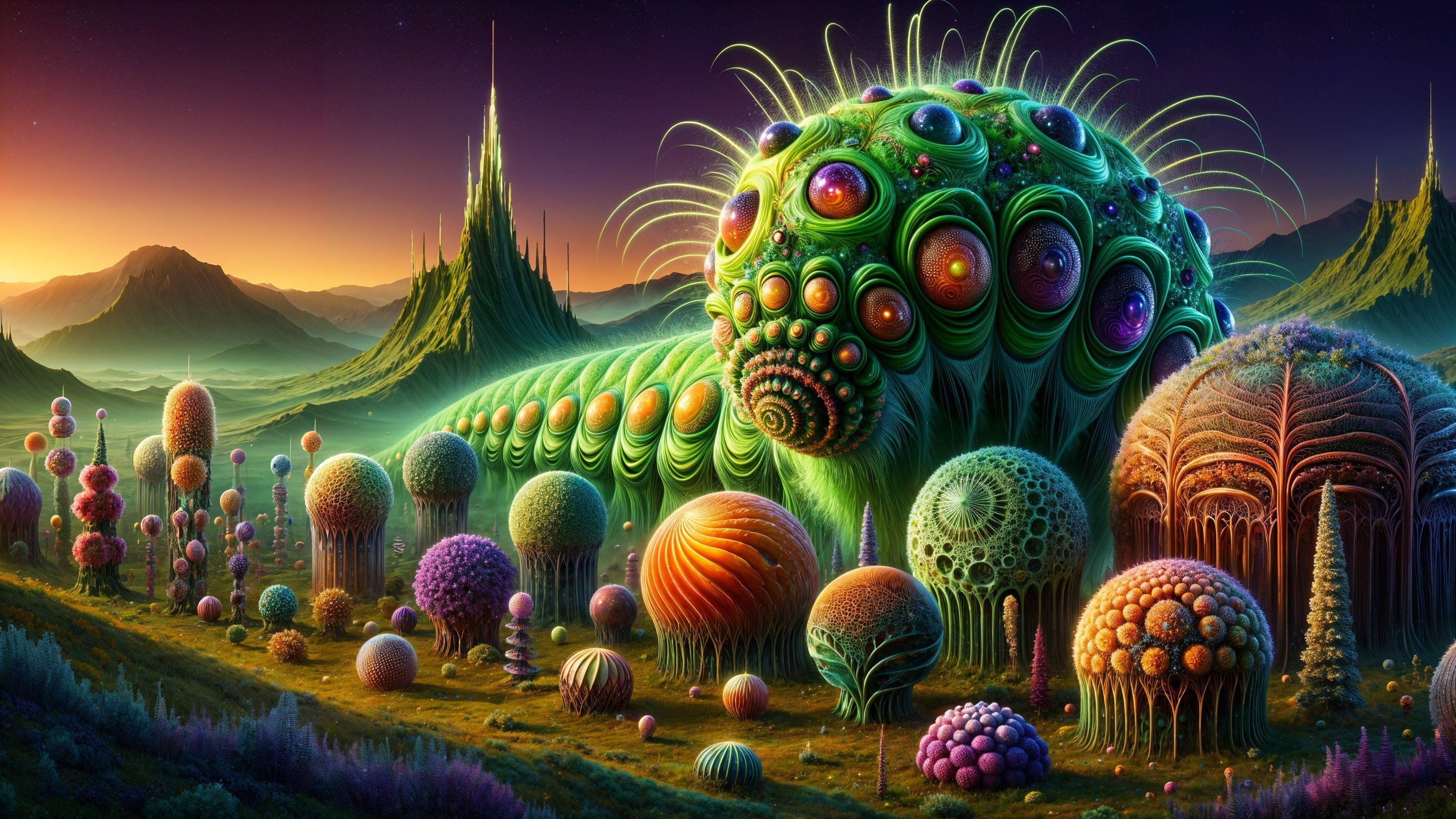 Surreal Alien Landscape with Colorful Caterpillar Creature