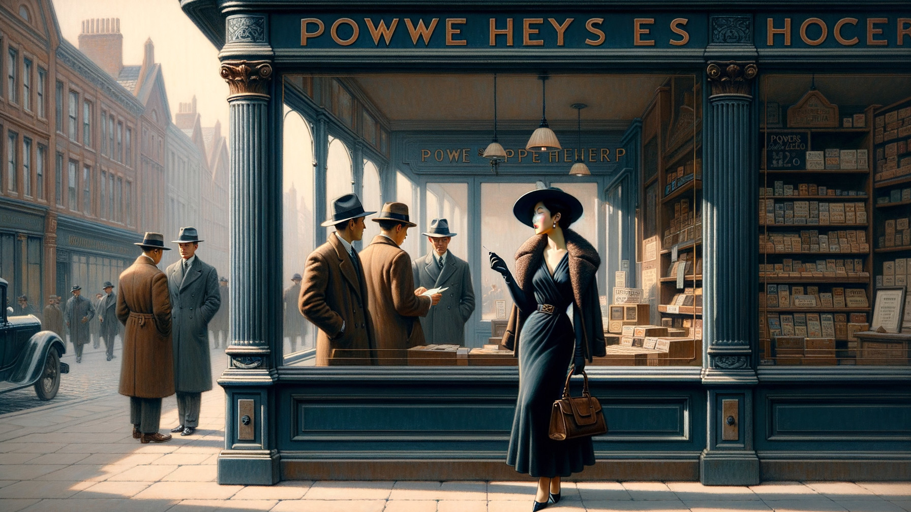 Vintage street scene with elegant woman and classic shops