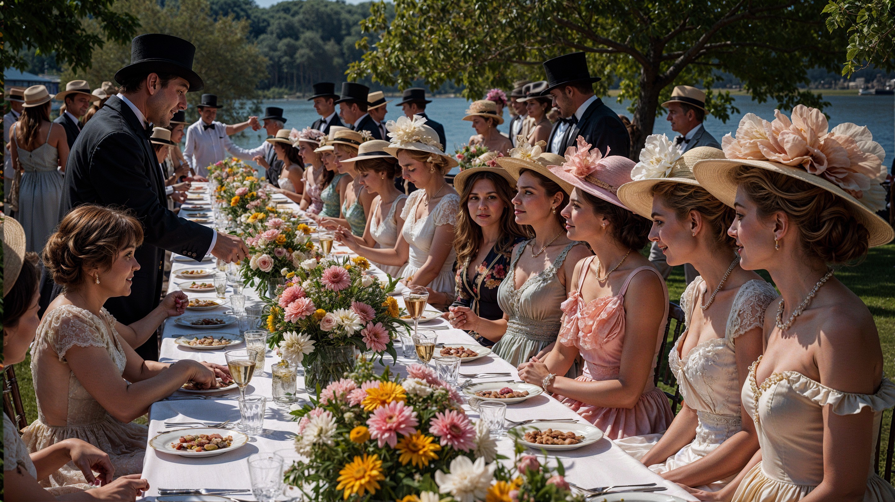 Elegant Outdoor Banquet with Floral Decor and Guests