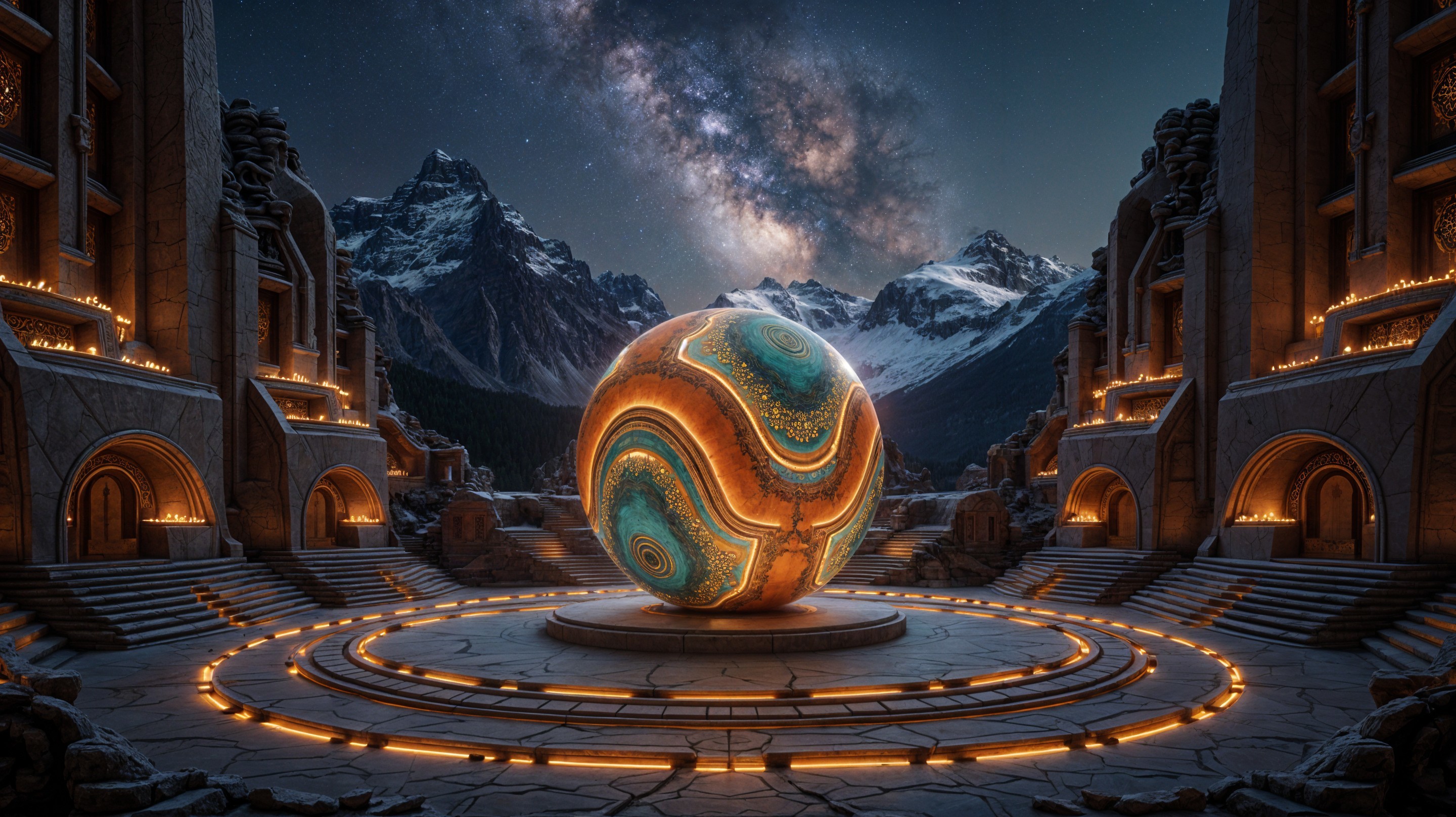 Colossal Orb in Ancient Courtyard with Starry Sky
