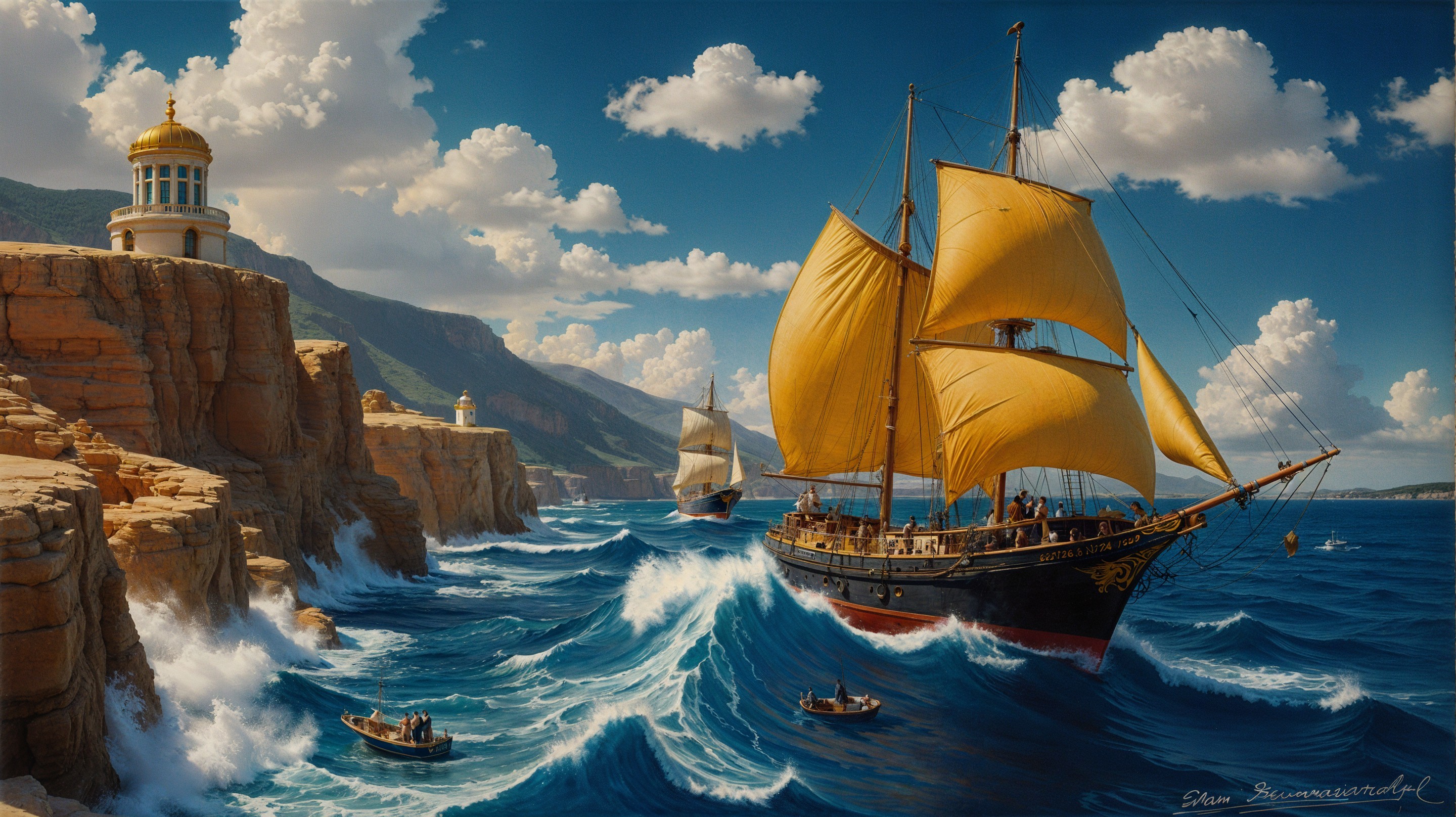 Majestic sailing ship with yellow sails in coastal scene