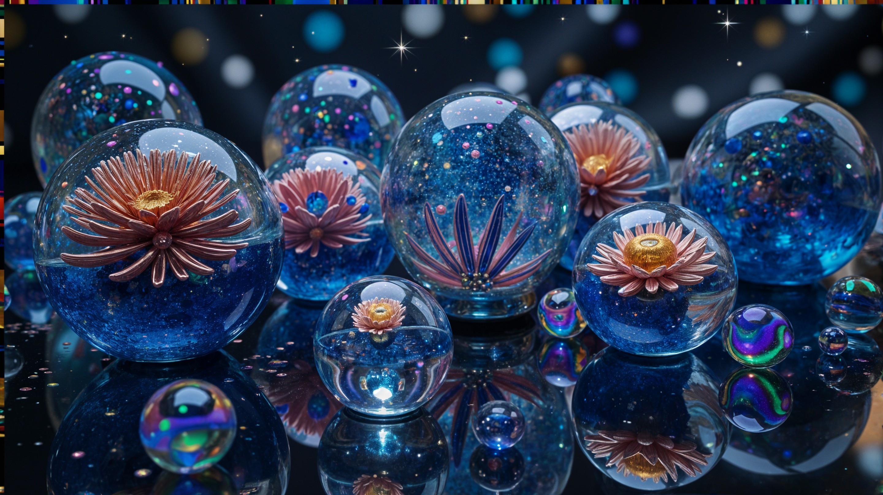 Shimmering glass orbs with intricate floral designs