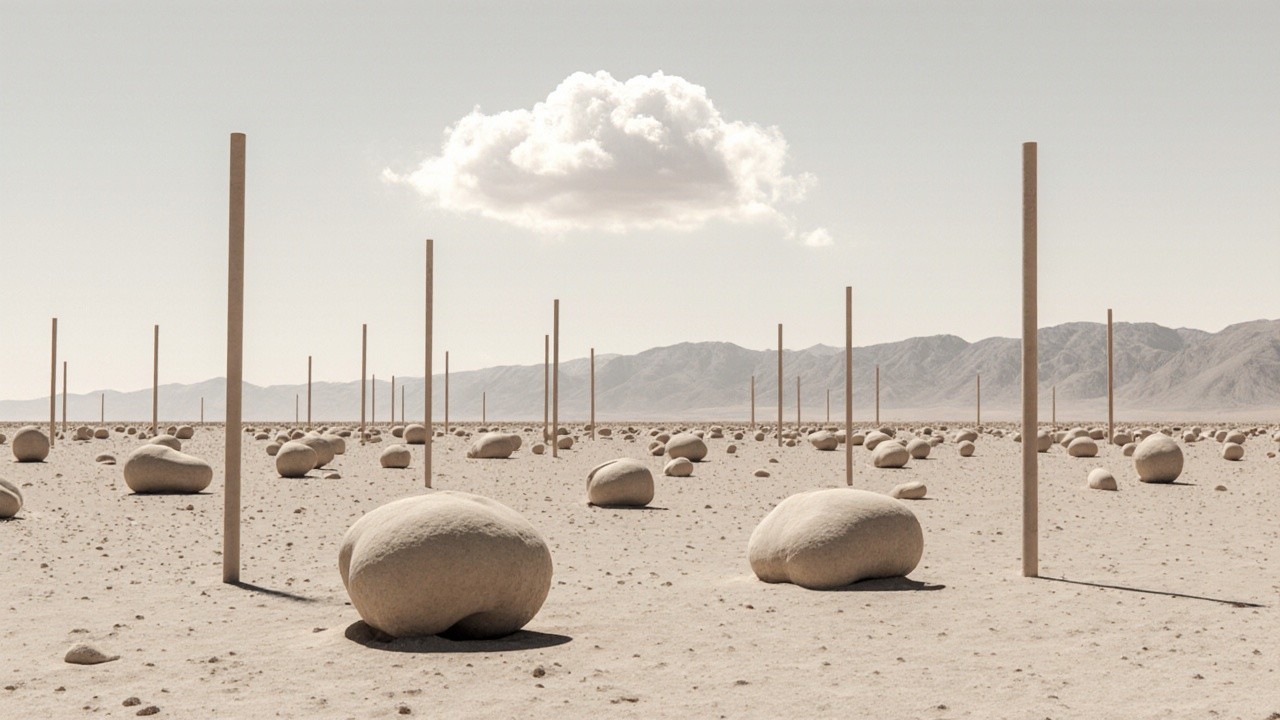 Arid Landscape with Boulders and Wooden Poles