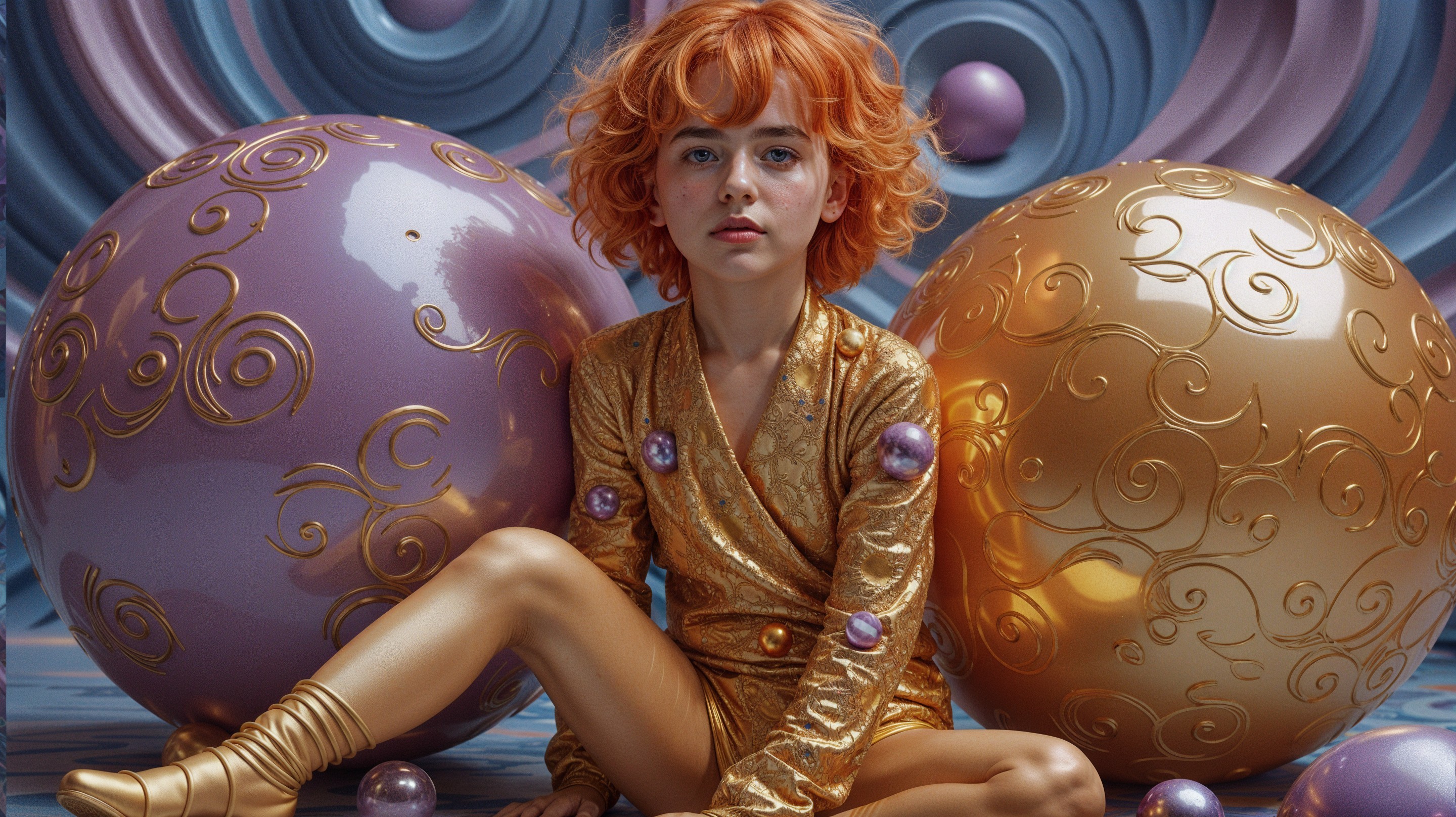 Young girl with orange hair between ornate spheres
