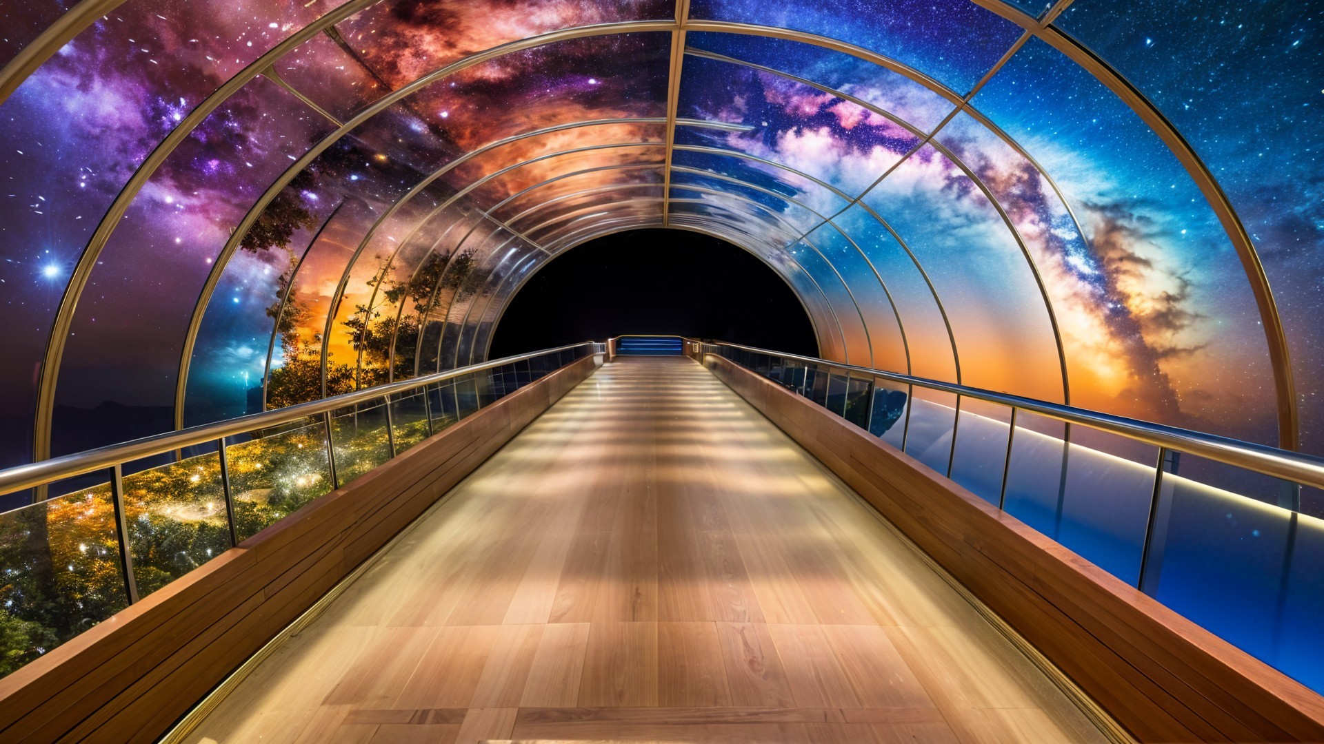 Futuristic Walkway with Cosmic Mural and Wooden Floor