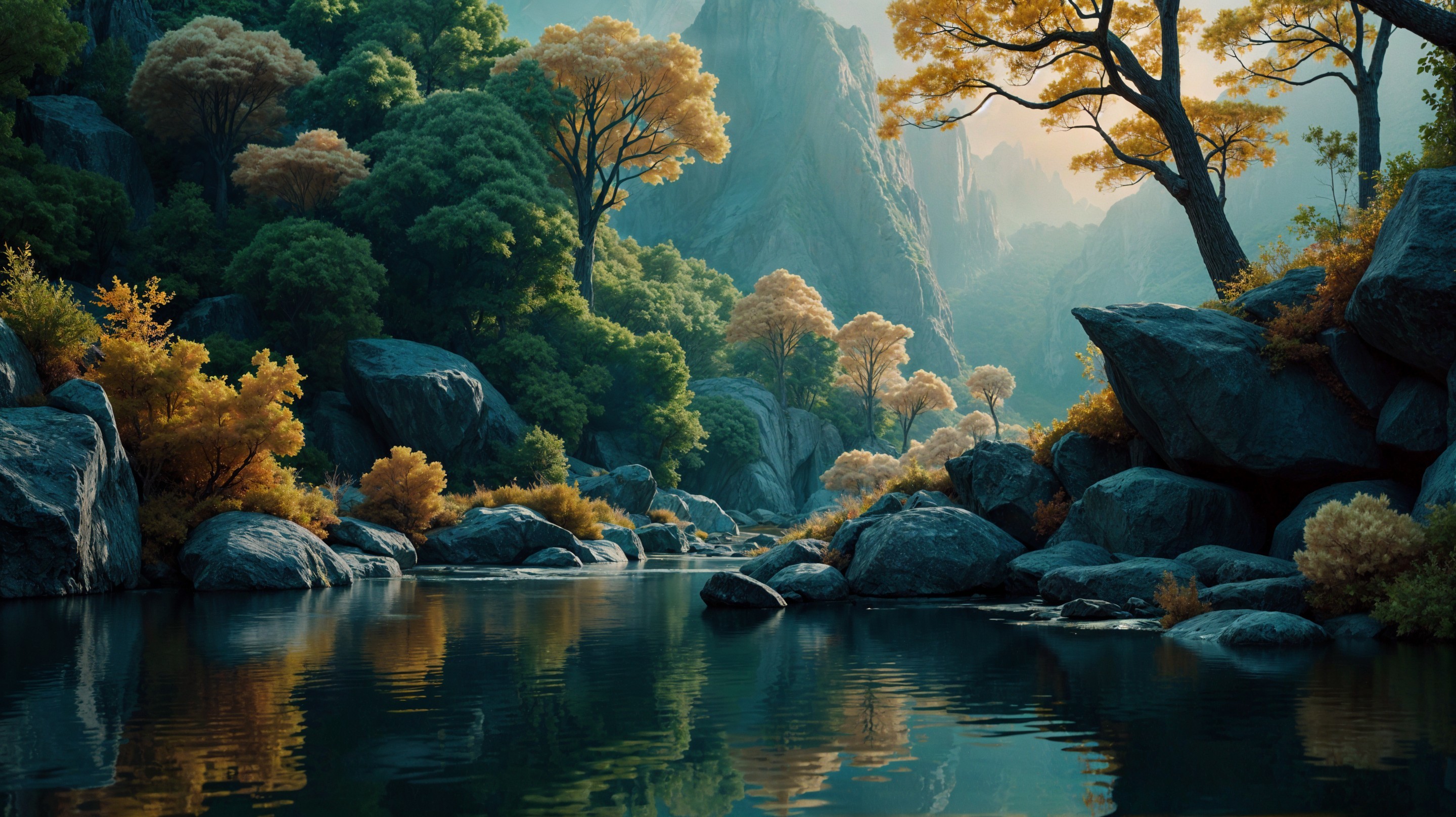 Tranquil River in Lush Valley with Autumn Foliage