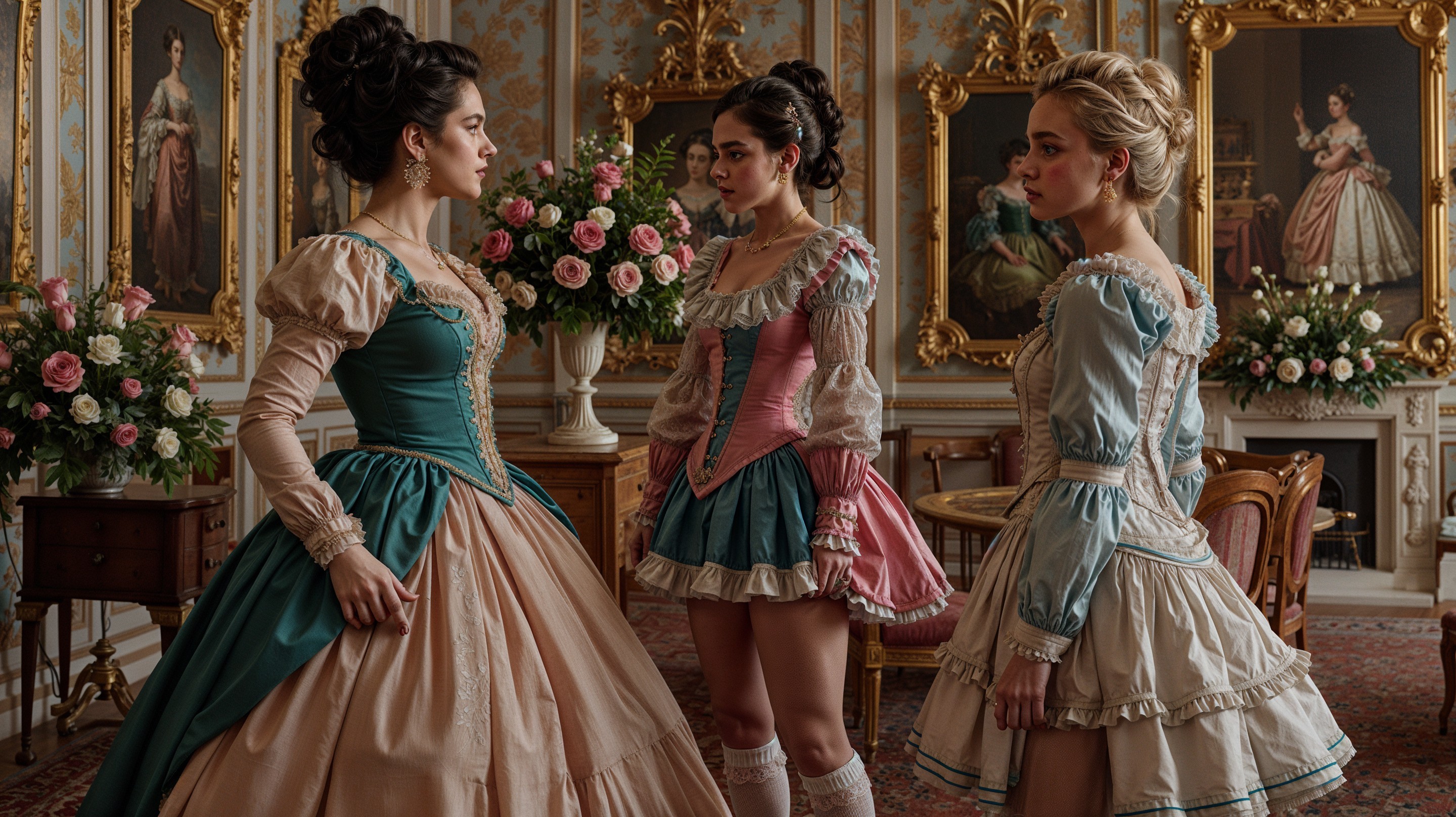 Elegant Women in Lavish Room with Historical Gowns