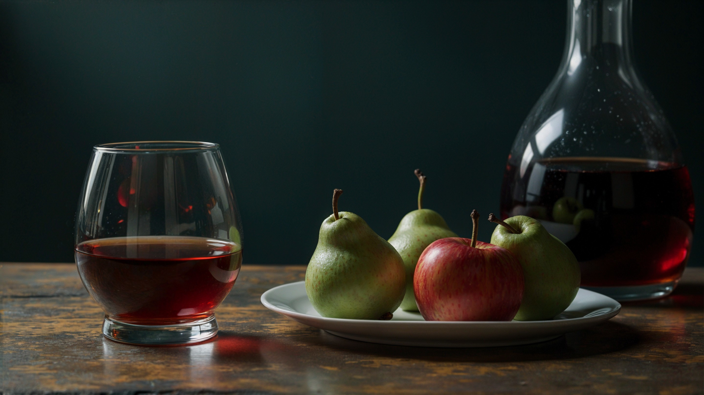 Still Life of Fruit and Dark Red Liquid on Table