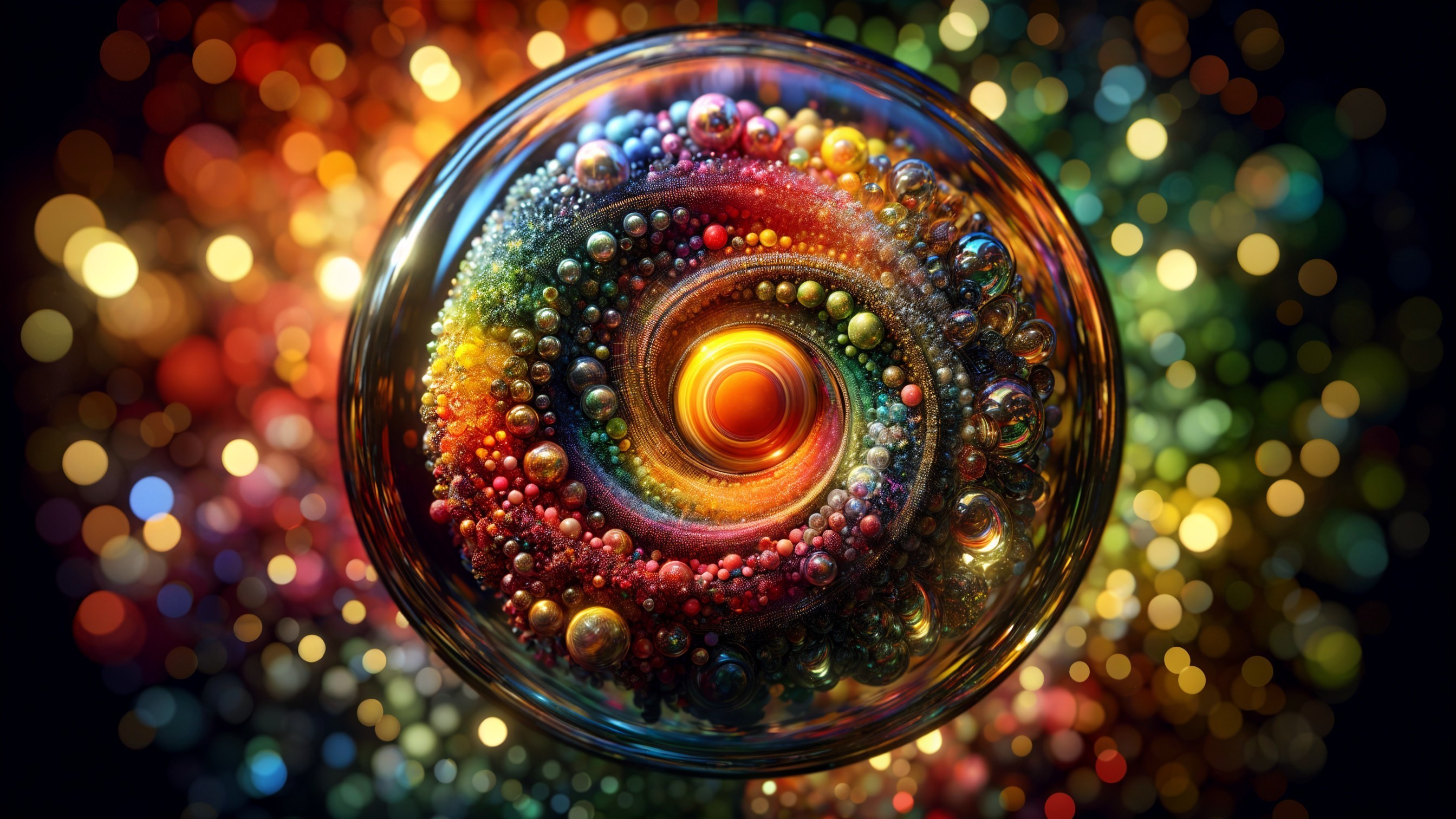 Vibrant Spiral Pattern with Shimmering Orbs and Spheres
