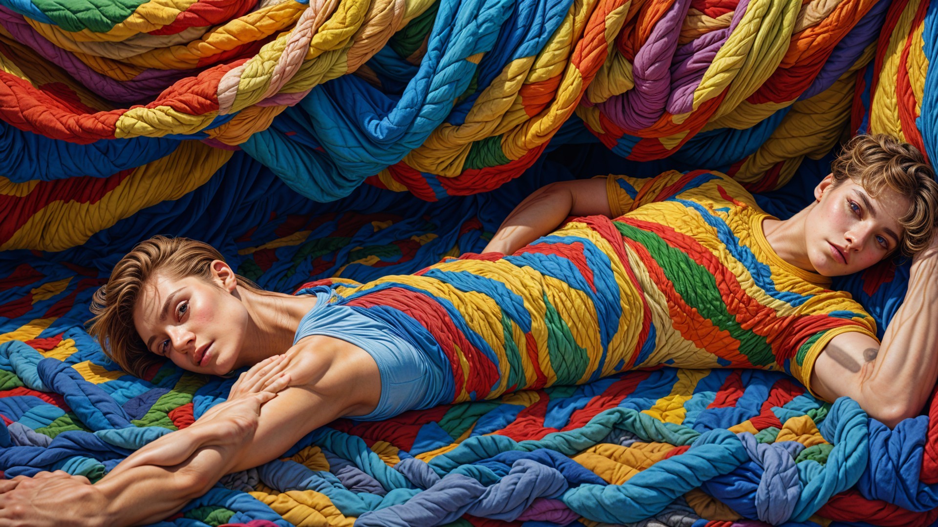 Figures Reclining on Colorful Rope Background
