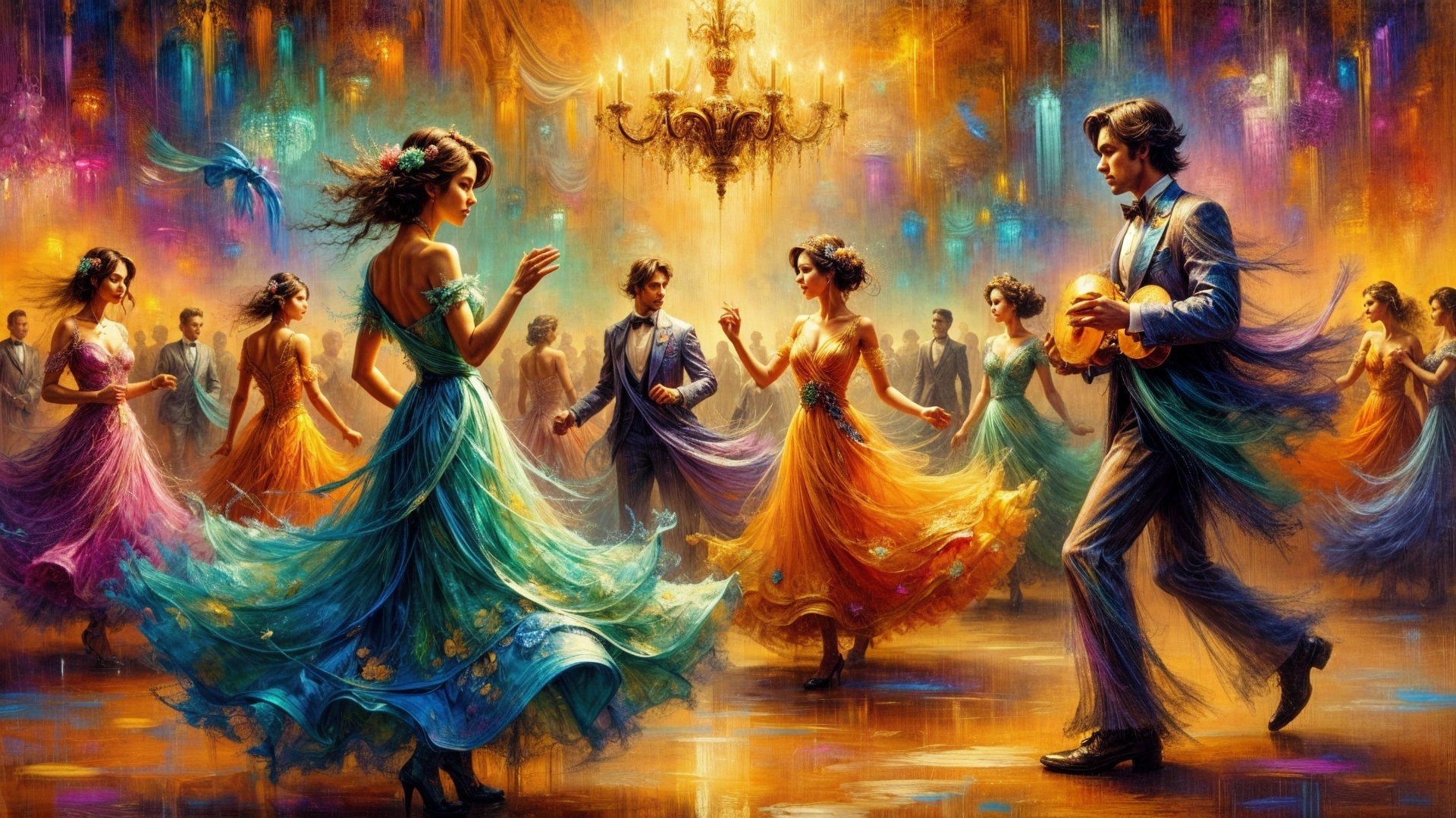 Elegant Couples Dancing in a Vibrant Ballroom Scene