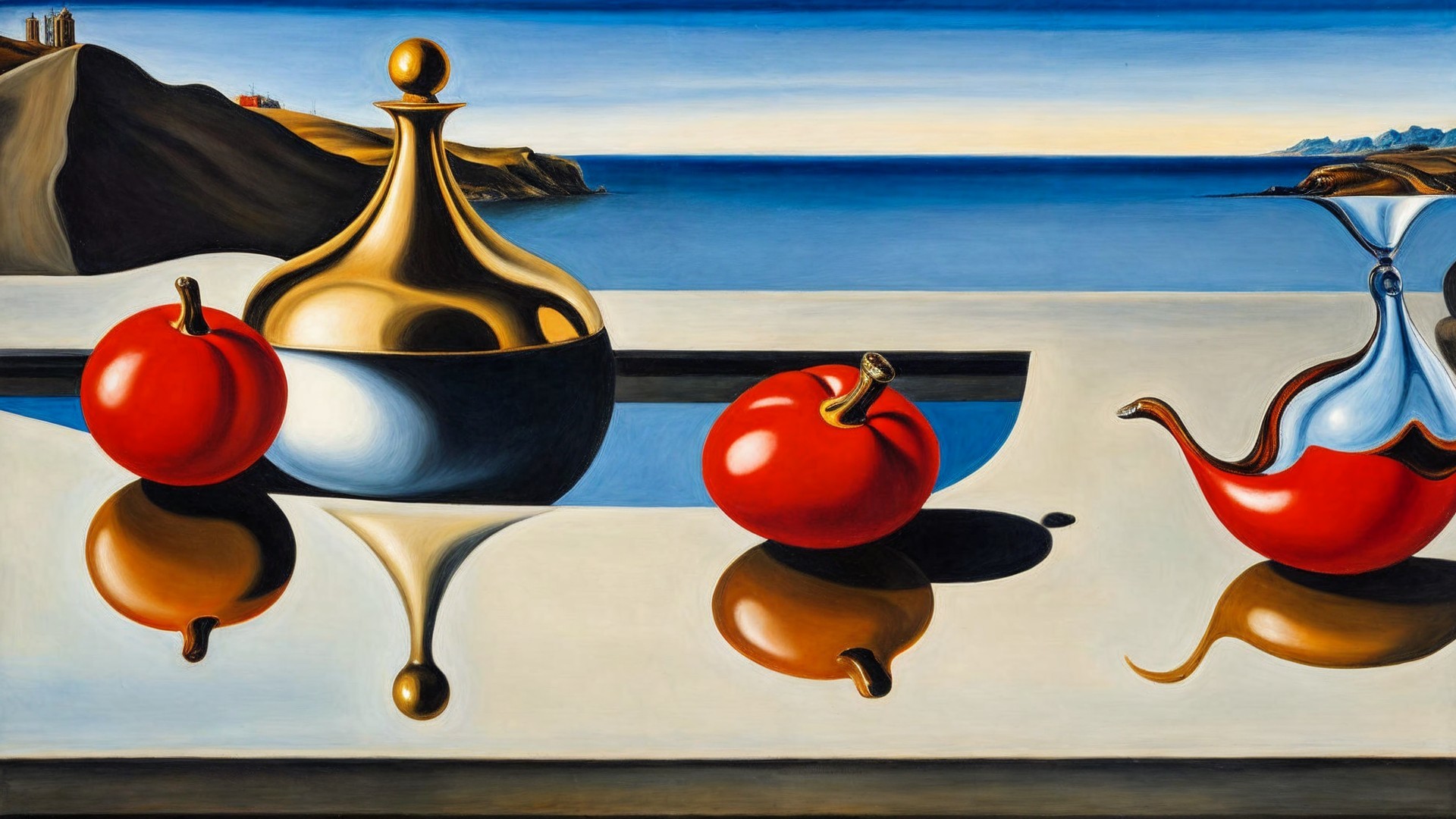 Surreal Composition of Red Spheres and Metallic Vessels