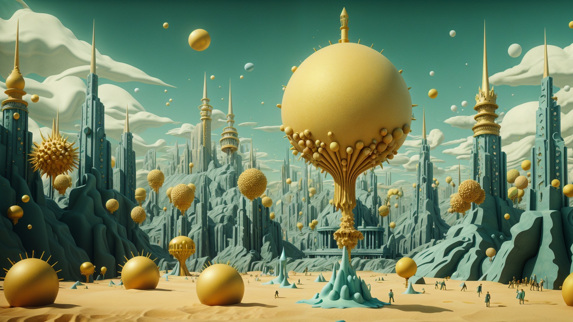 Surreal Futuristic Landscape with Floating Orbs and Spires
