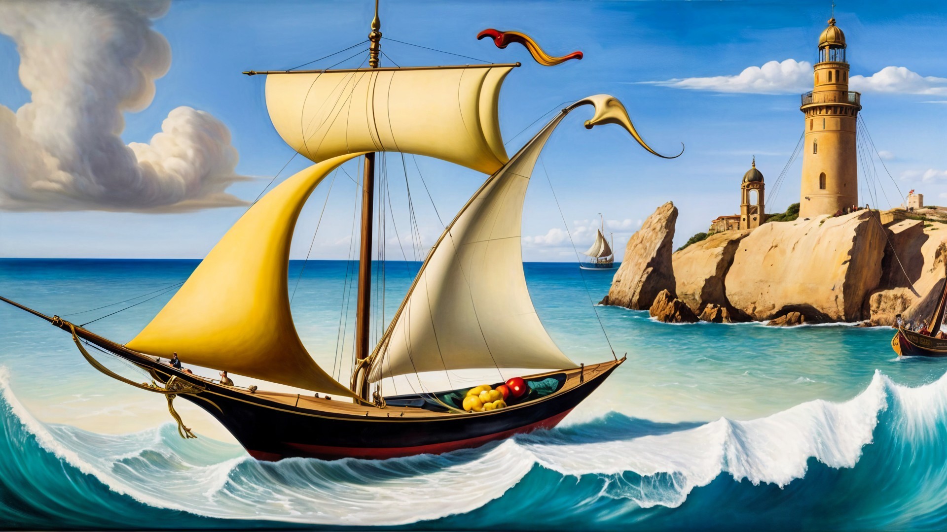 Vibrant Seascape with Sailboat and Lighthouse Background