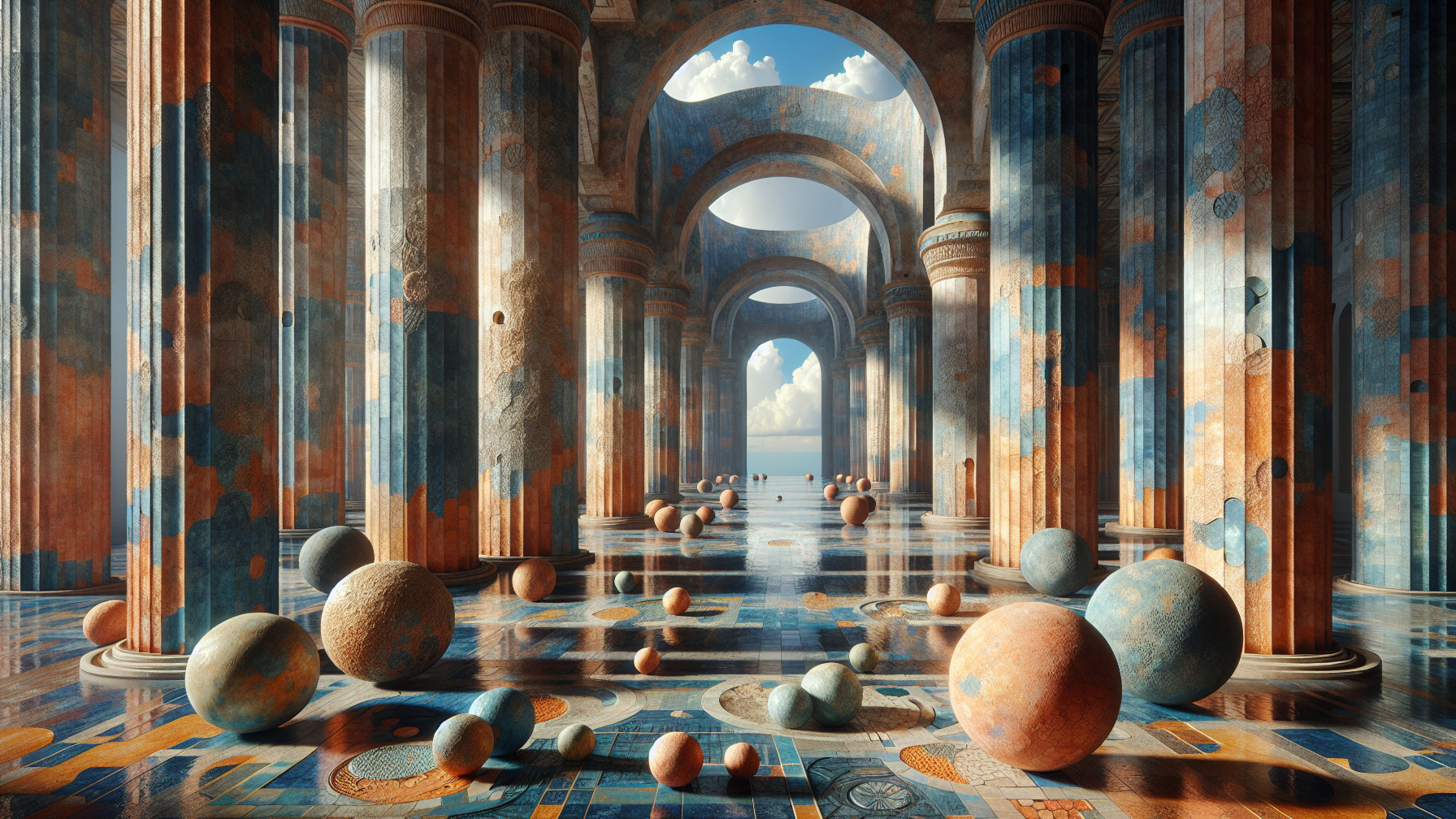 Grand hall with columns, spheres, and blue skies