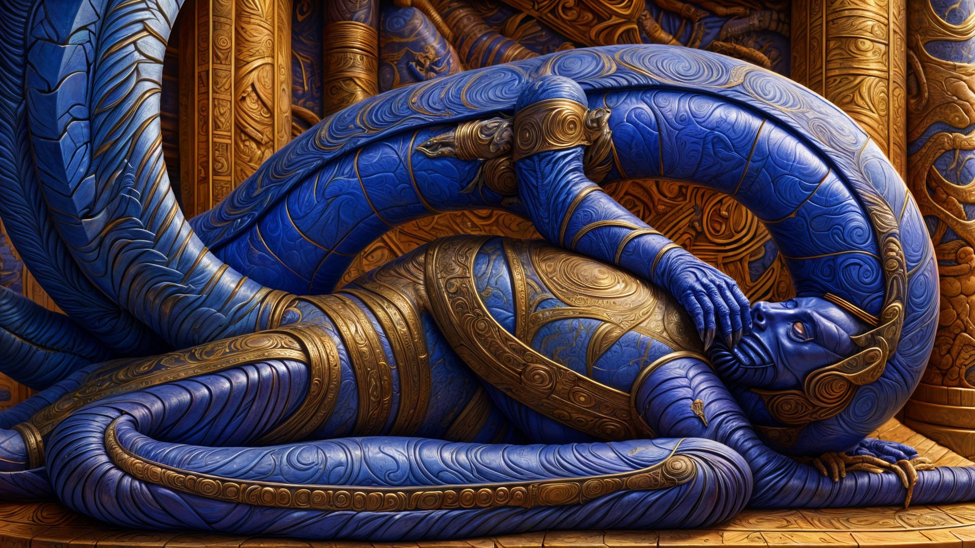 Serpentine Statue with Human Form in Blue and Gold