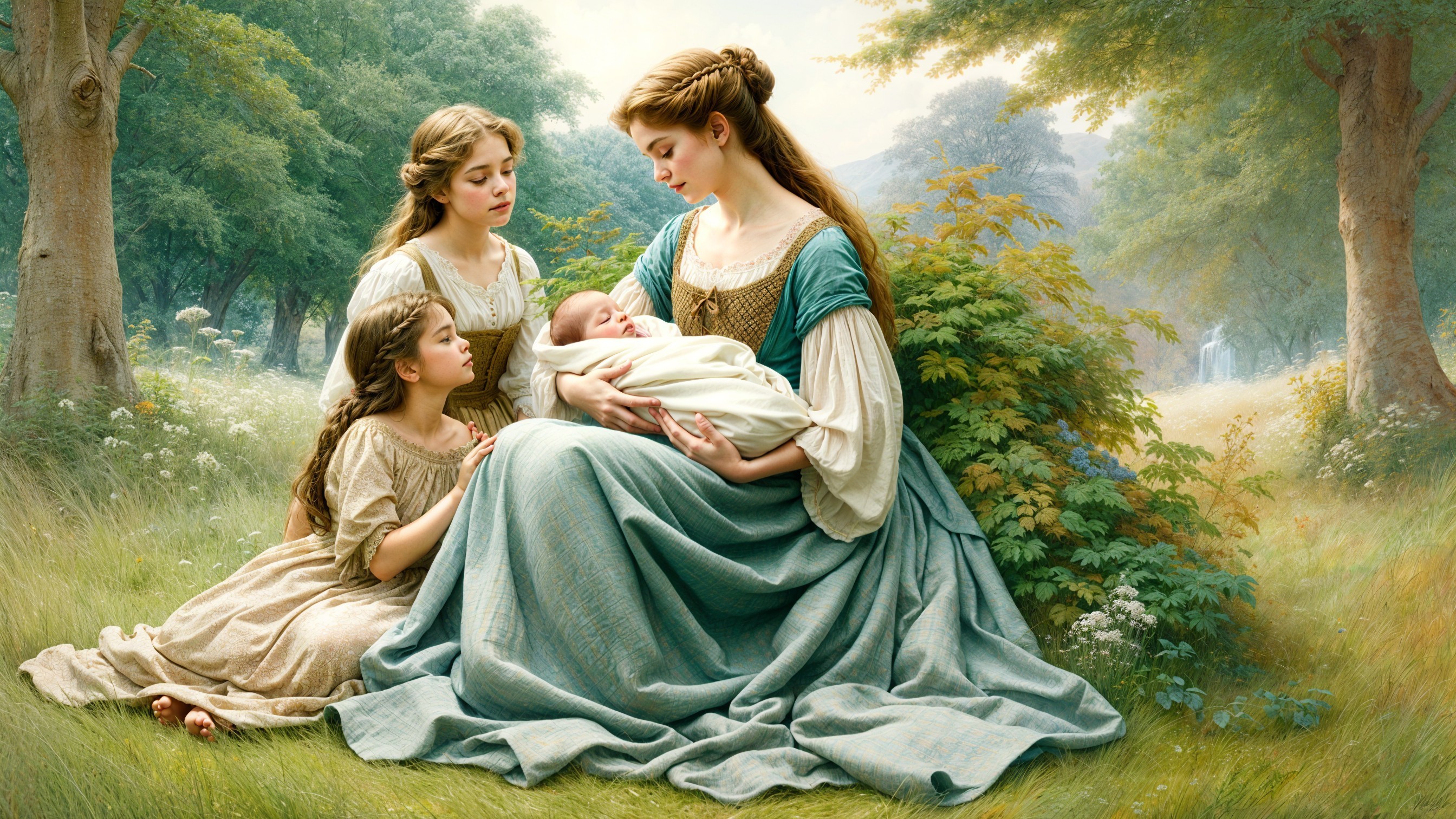 Mother and Children in a Sunlit Clearing Scene