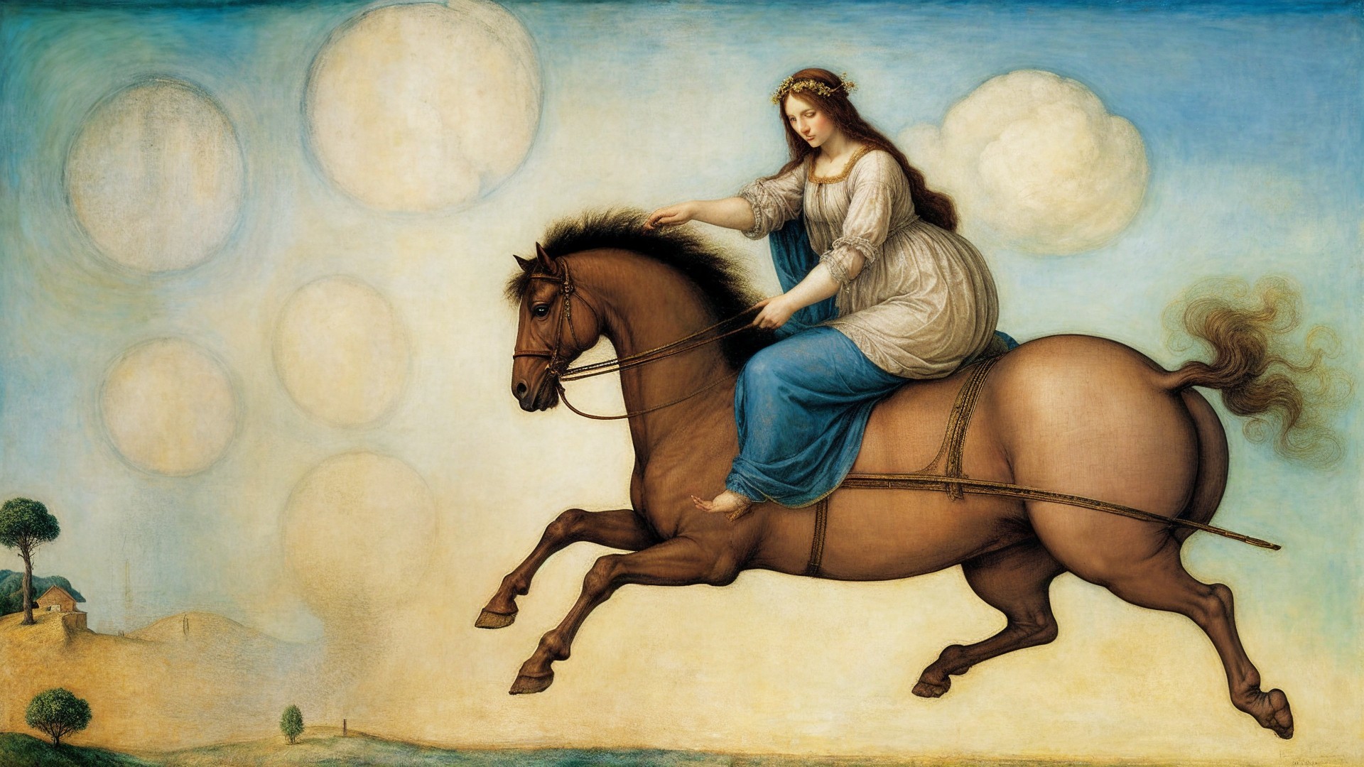 Woman on Brown Horse in Dreamy Landscape
