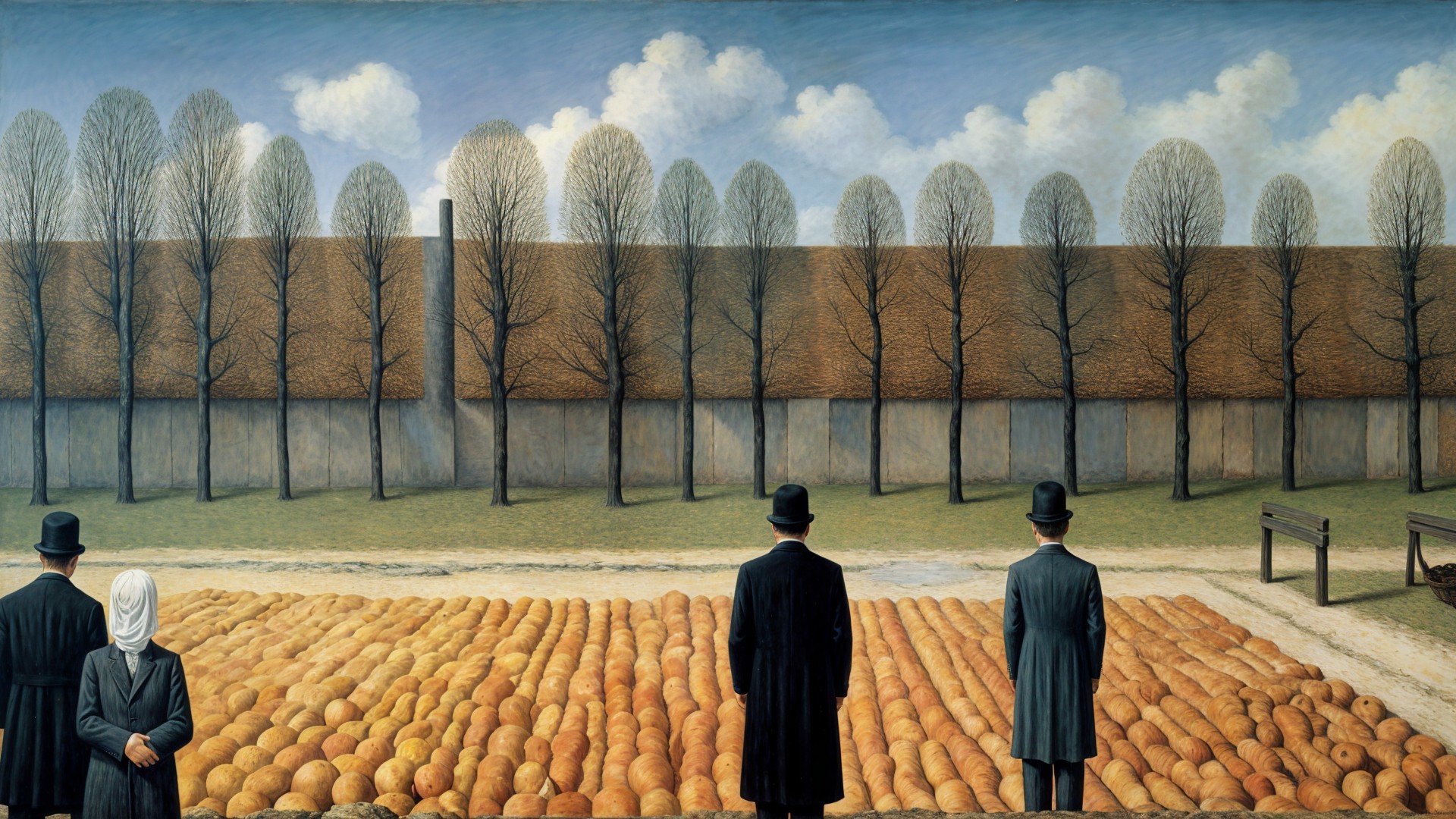 Surreal Landscape with Pumpkins and Formal Figures