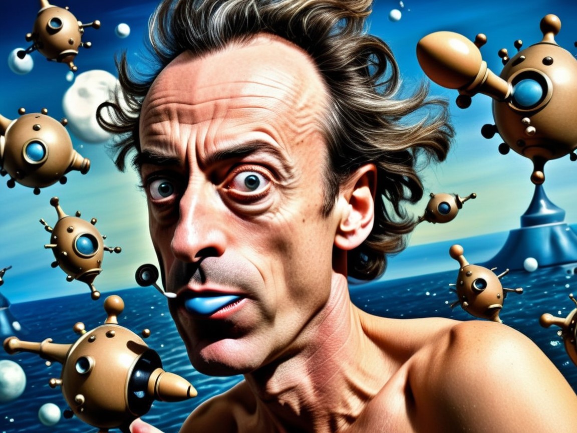 Surreal Scene with Man, Robots, and Vibrant Background