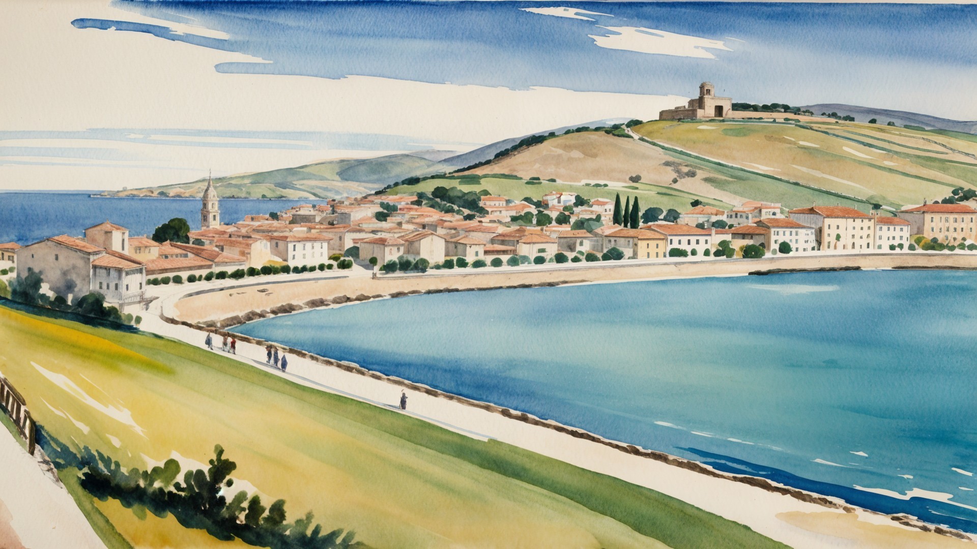 Watercolor of a Coastal Landscape with Hillside Town