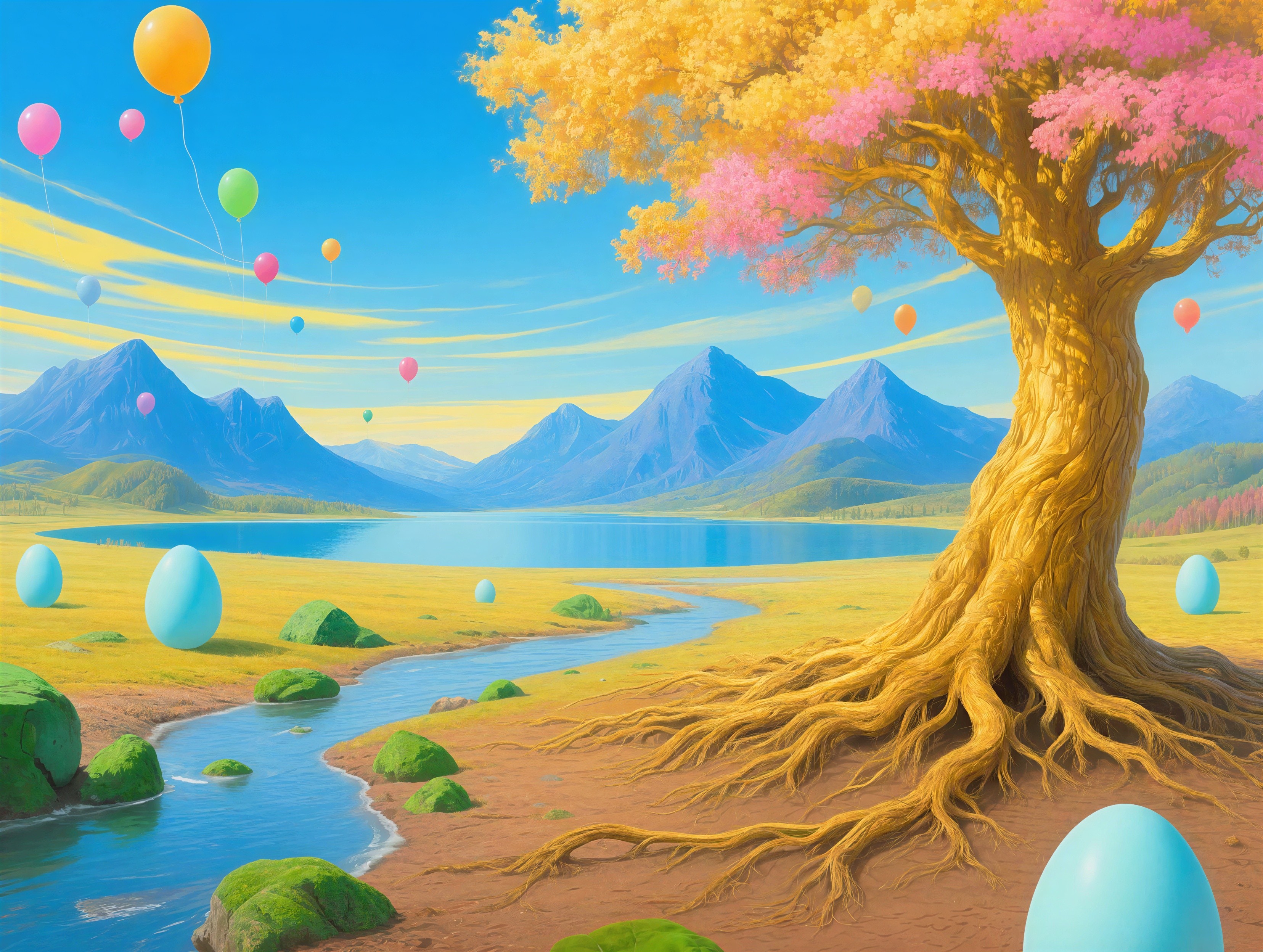 Colorful Balloons Above a Fantasy Landscape with Lake