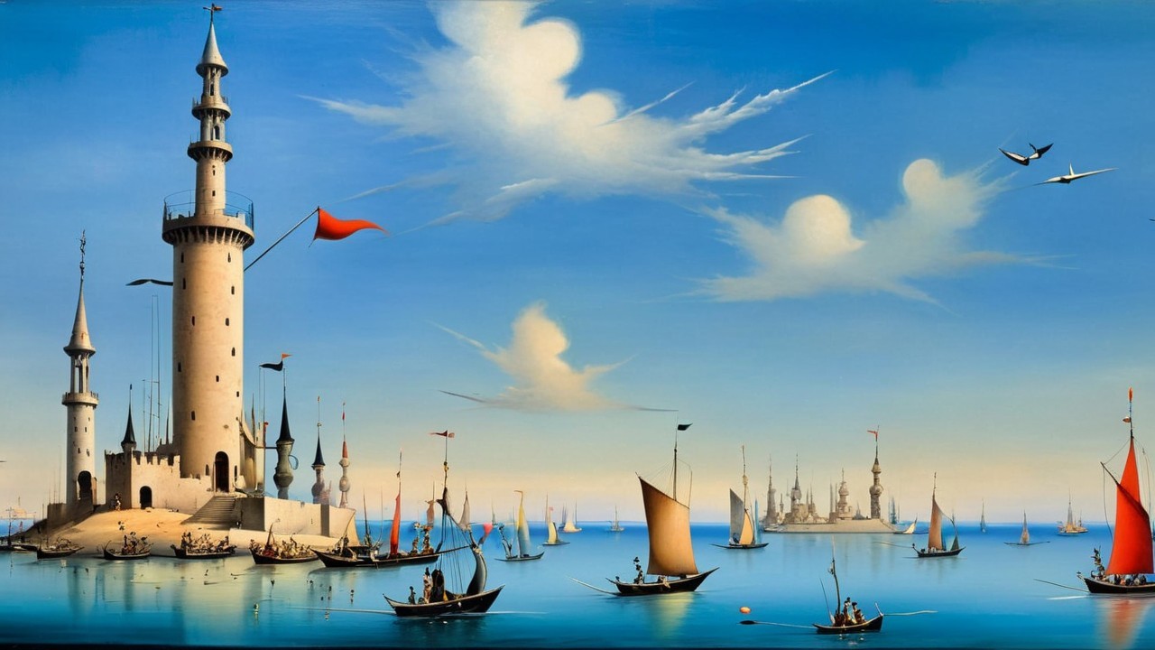 Colorful Cartoon Painting of Sea and Castle Scene