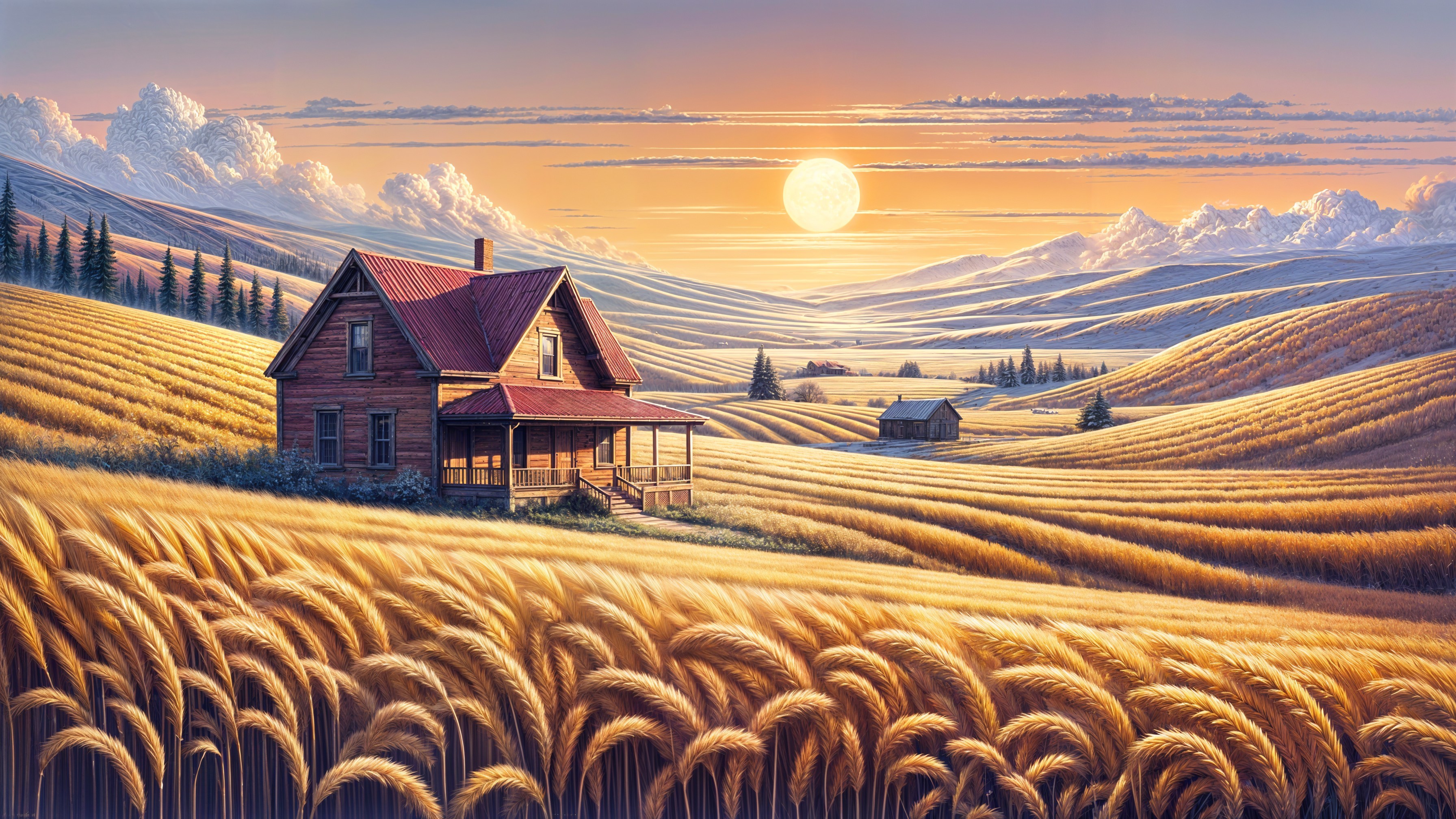 Serene Landscape with Wooden House and Wheat Fields