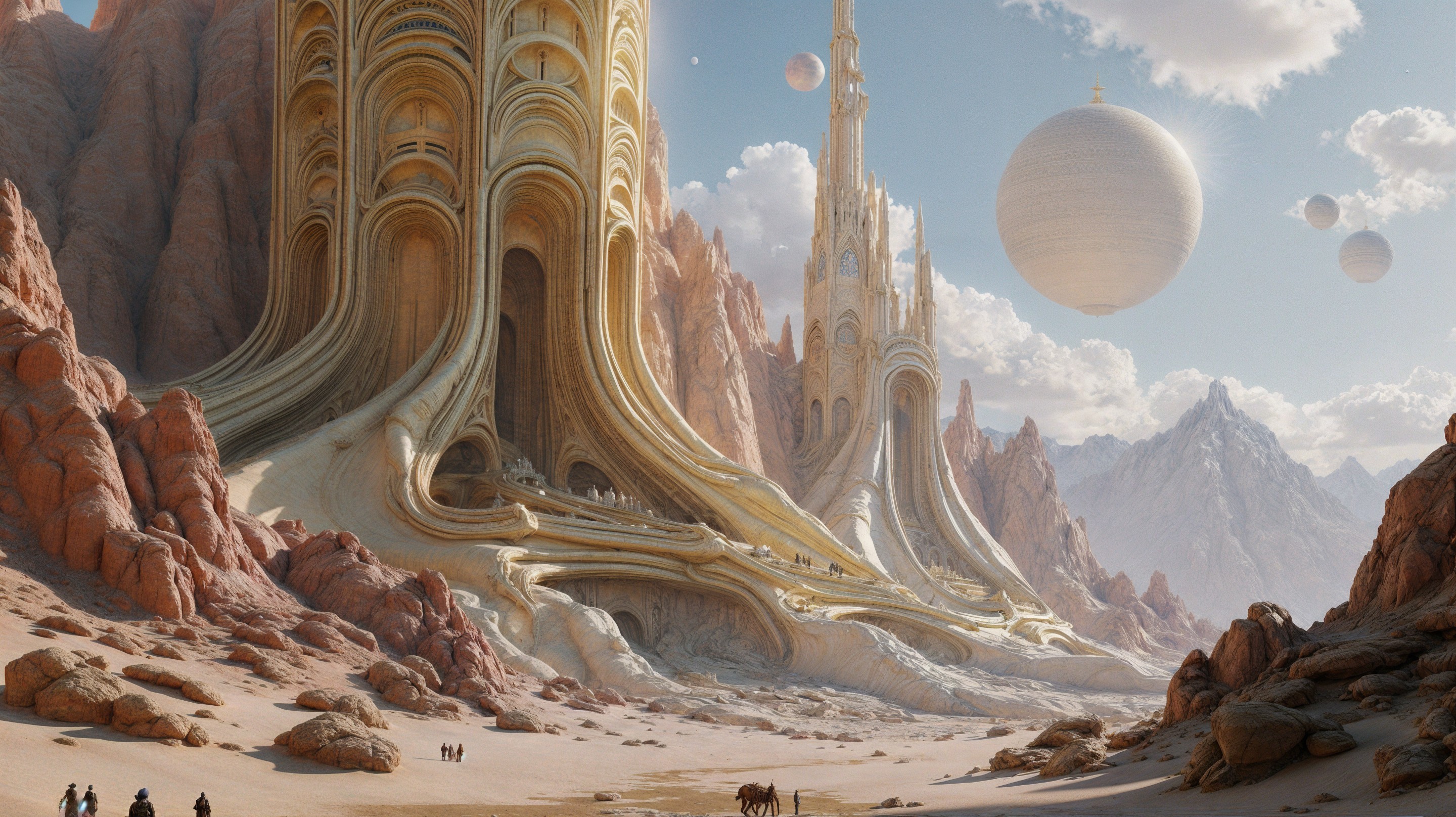 Surreal Landscape with Fluid Structures and Travelers