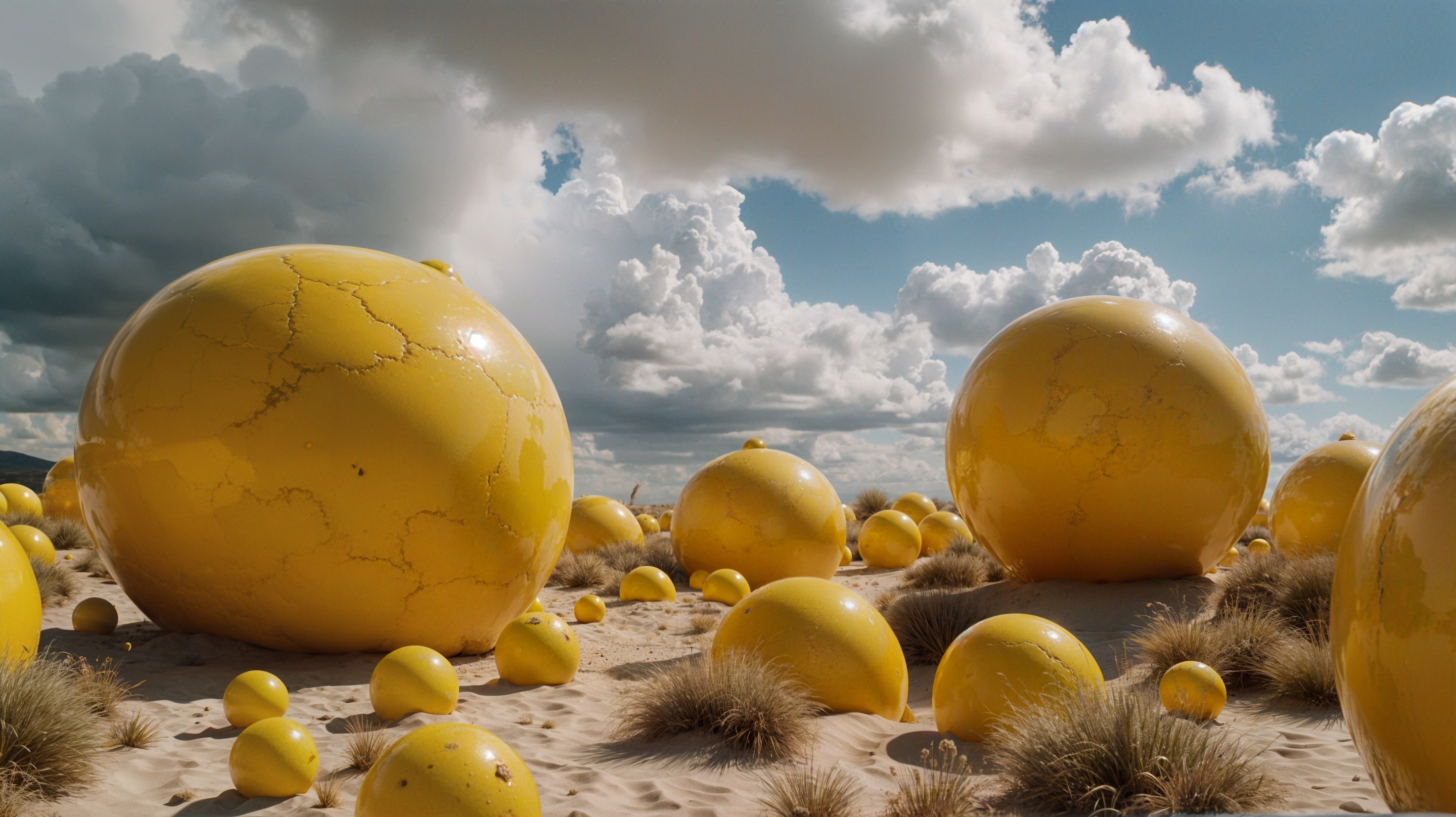 Surreal Landscape with Oversized Yellow Spheres