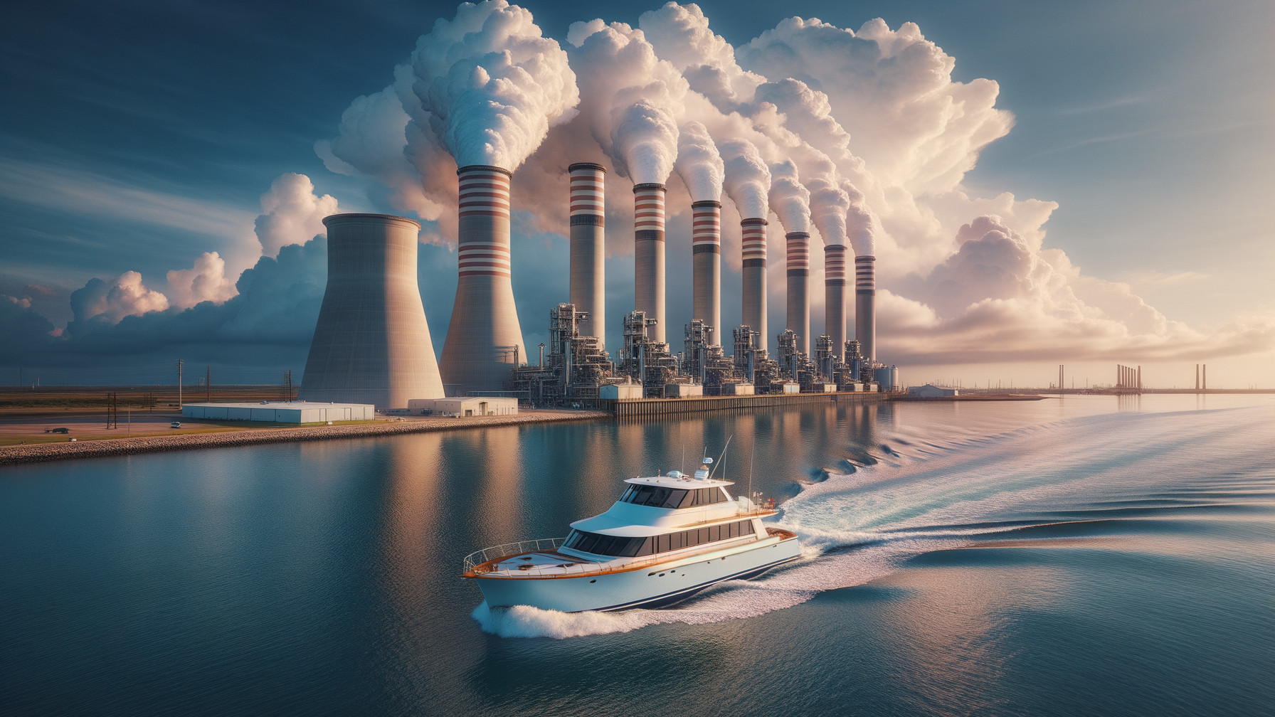 Yacht on Tranquil Waters Near Industrial Smokestacks