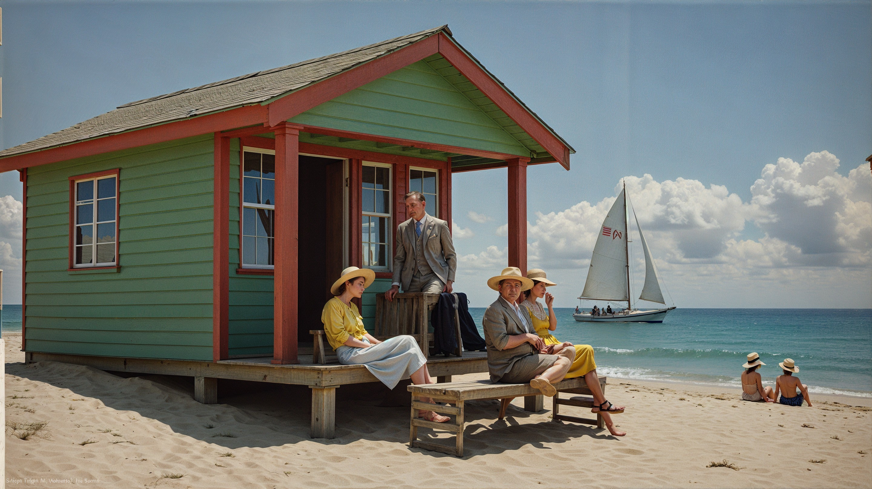 Vintage Beach Scene with Cottage and Elegantly Dressed Figures
