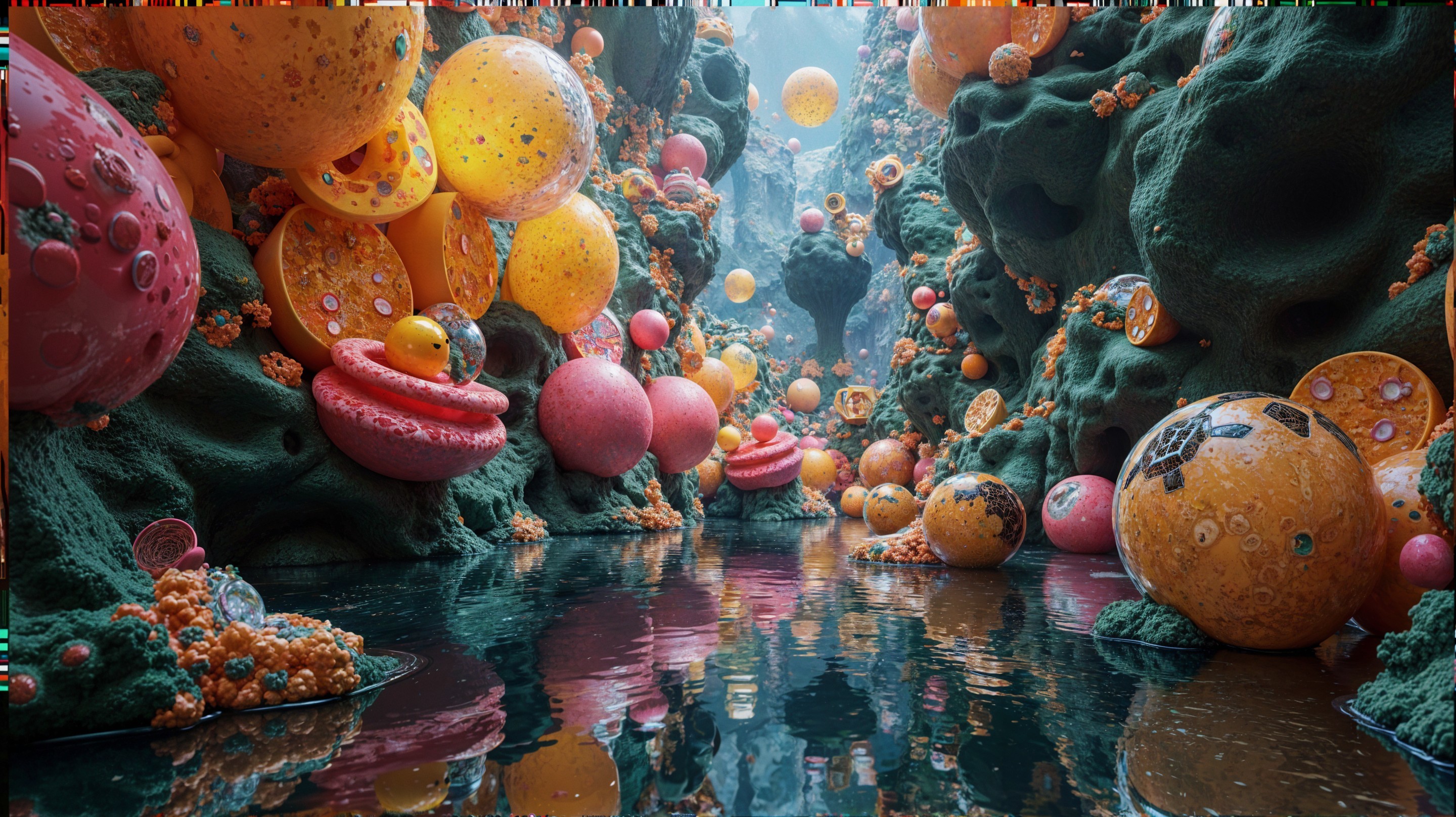 Surreal Landscape with Vibrant Floating Spheres