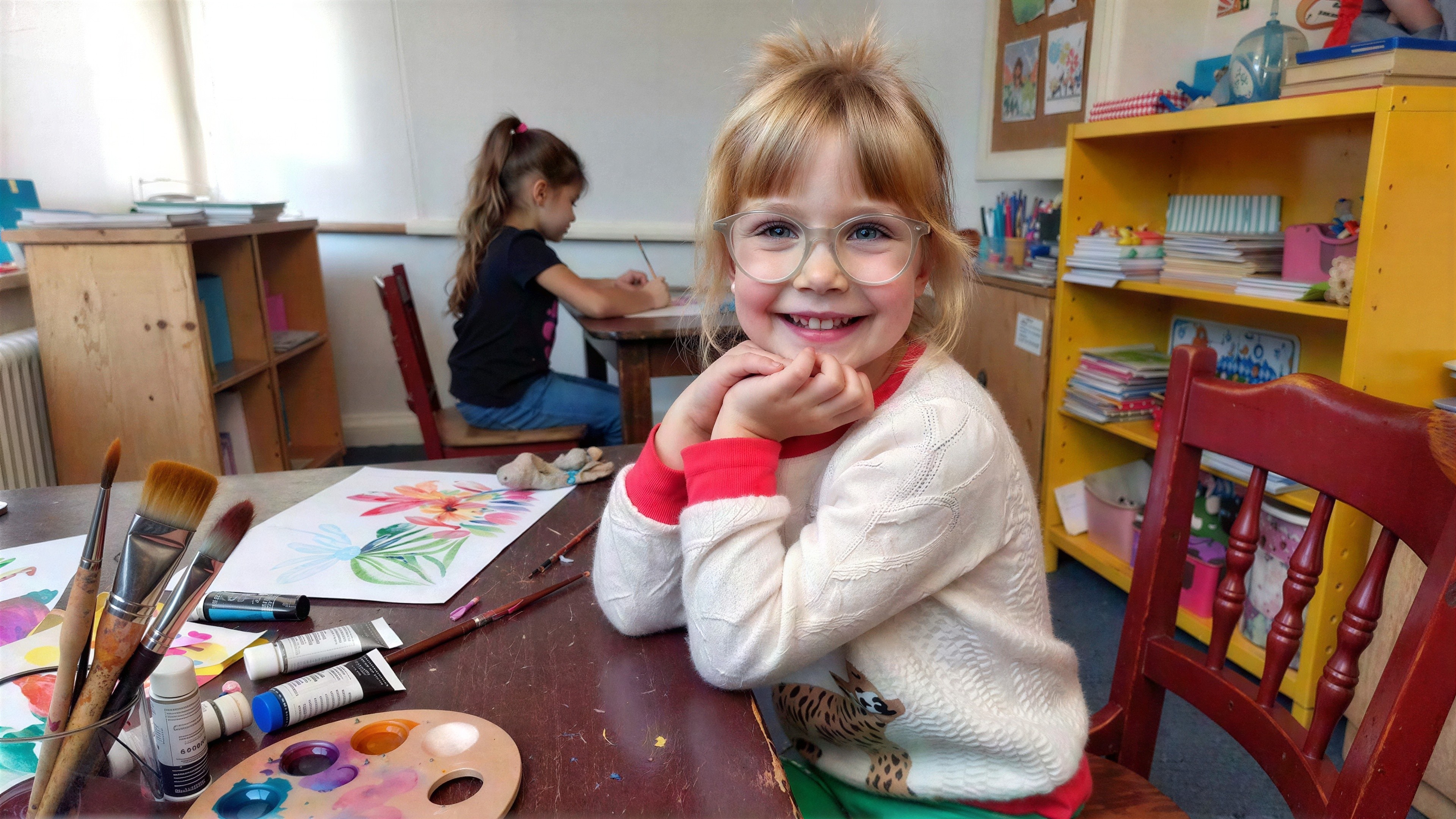 Young girl with glasses at desk with painting supplies