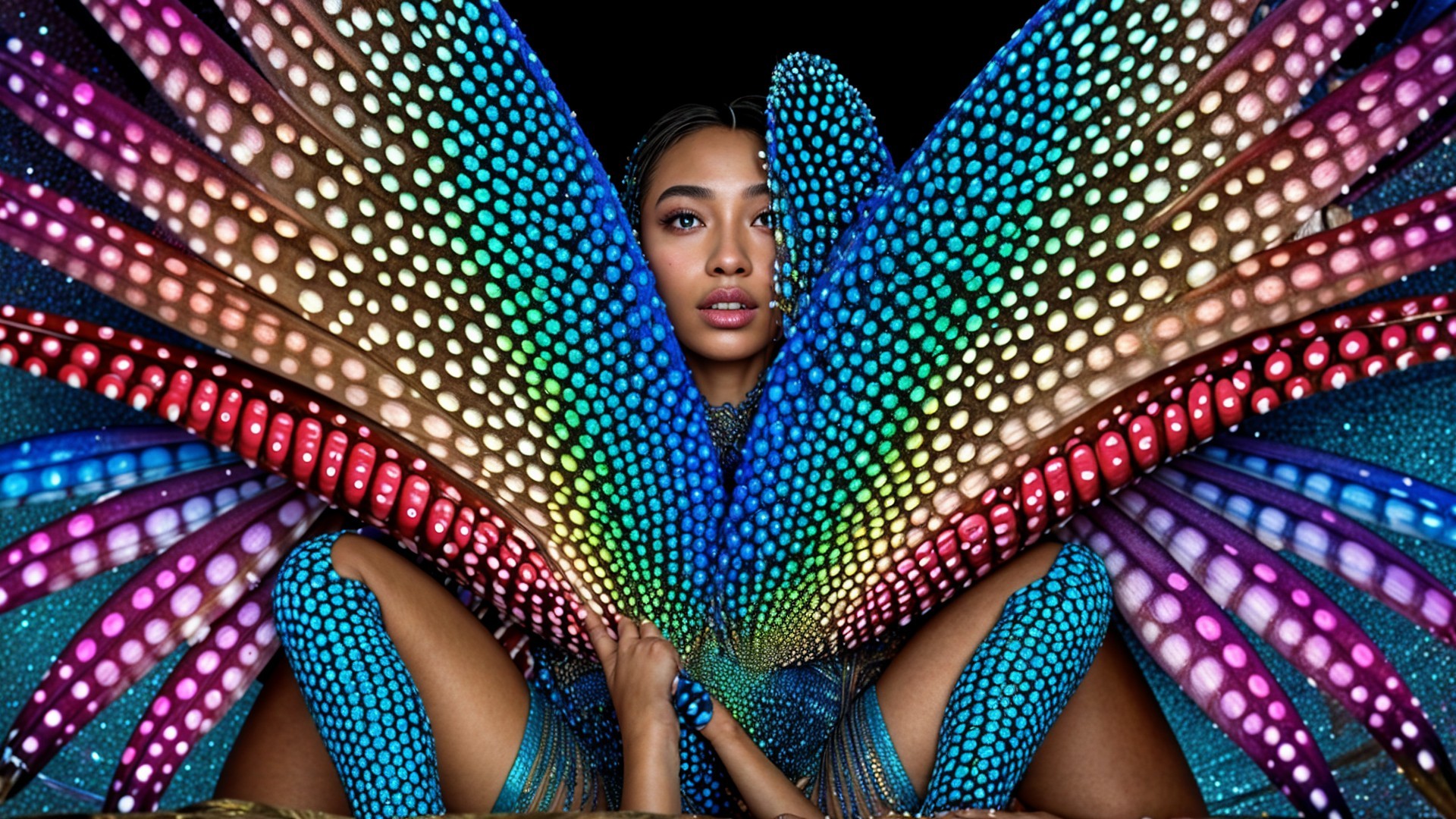 Model with Iridescent Butterfly Wings and Body Art