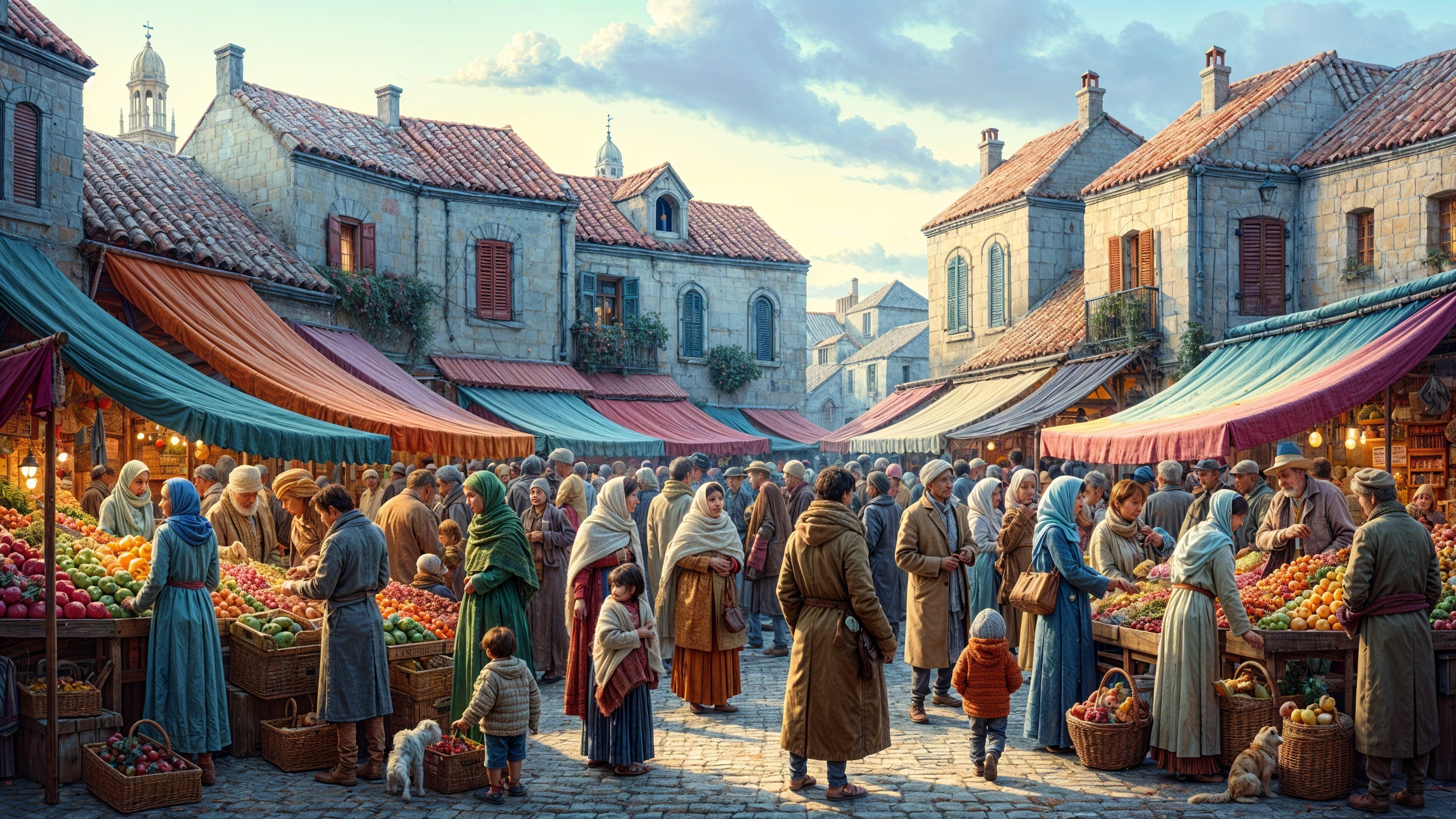 Vibrant Village Market Scene with Historical Elements