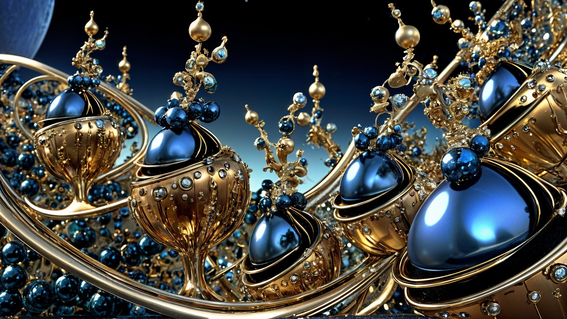 Abstract Composition of Golden Vessels with Blue Orbs