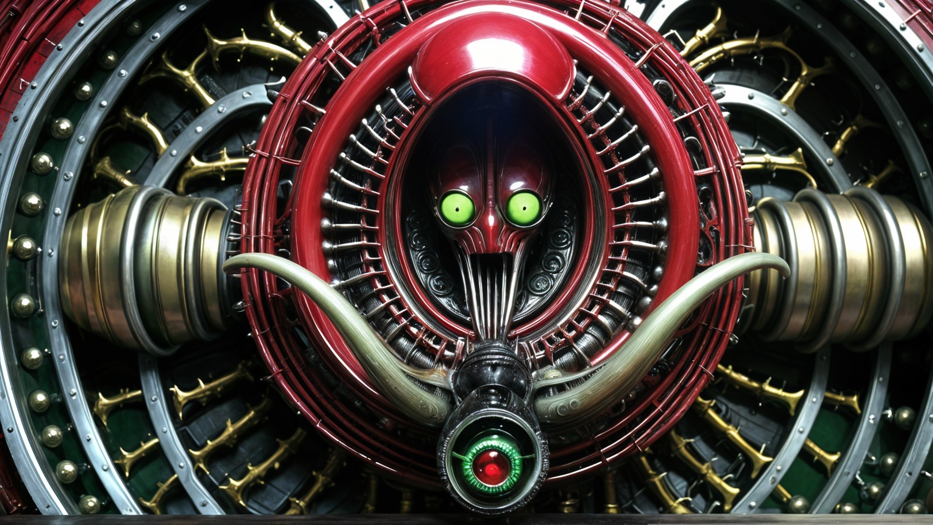 Mechanical Face with Red Exterior and Green Eyes