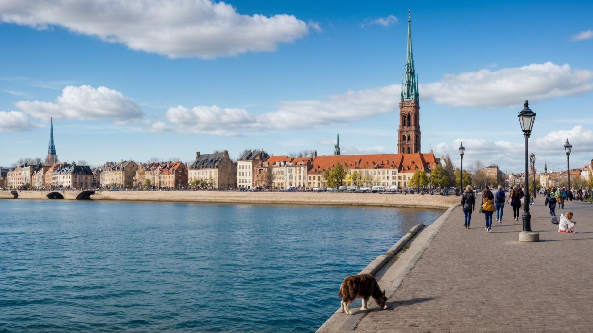 Waterfront Scene with Promenade and Charming Buildings