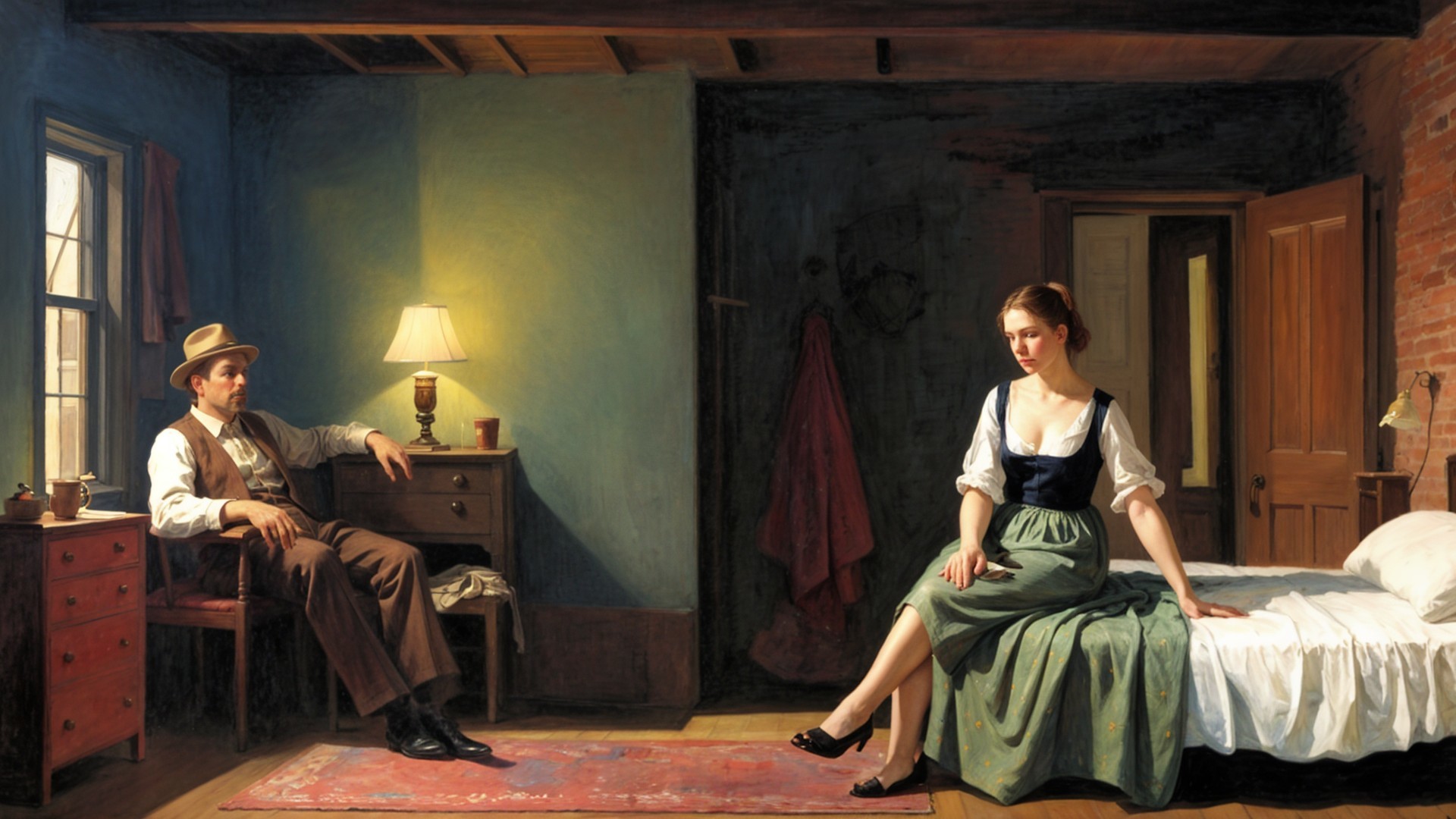 Serene Interior Scene with Man and Woman in Attire