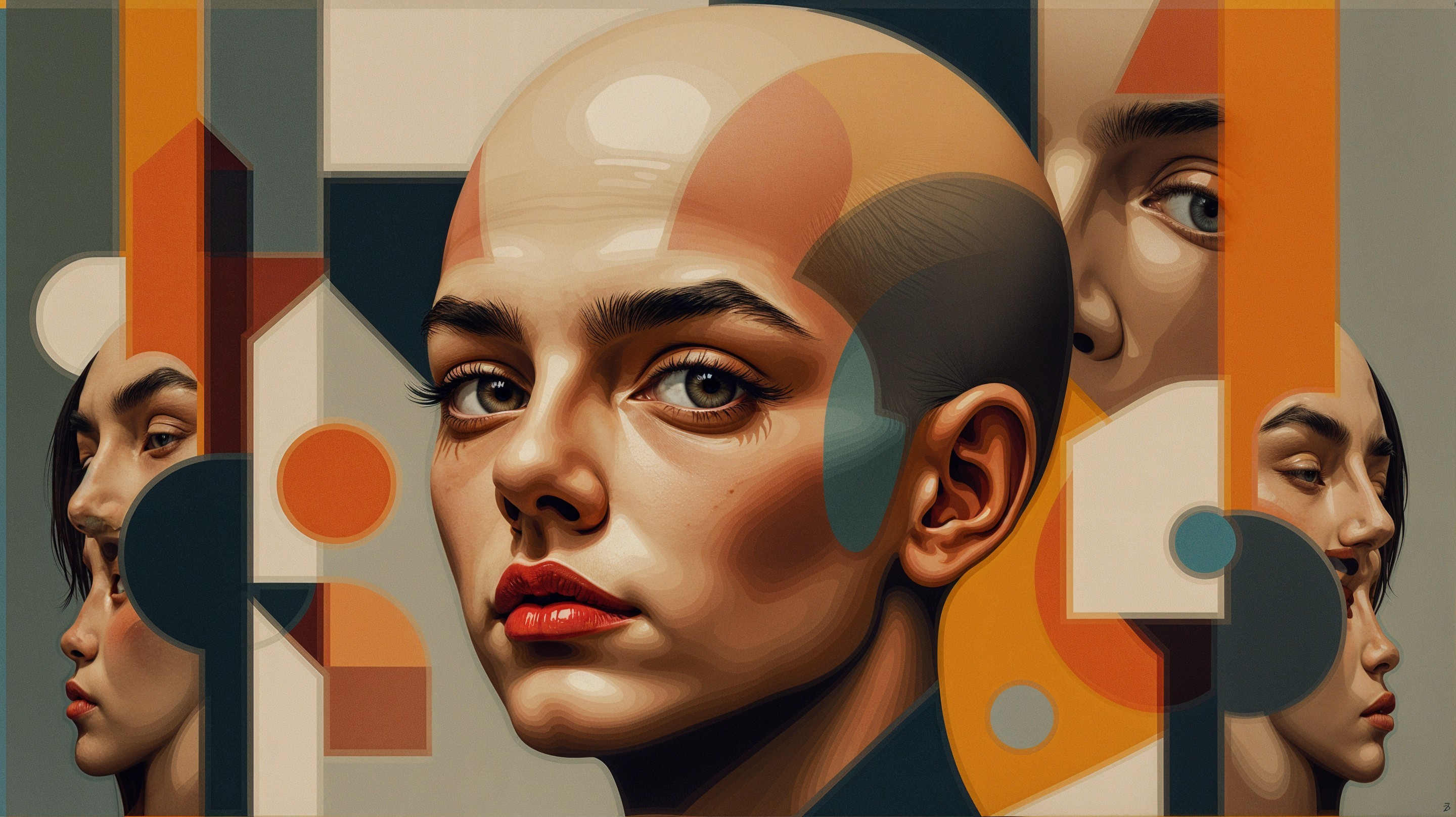 Stylized Portrait of a Young Bald Woman with Geometry