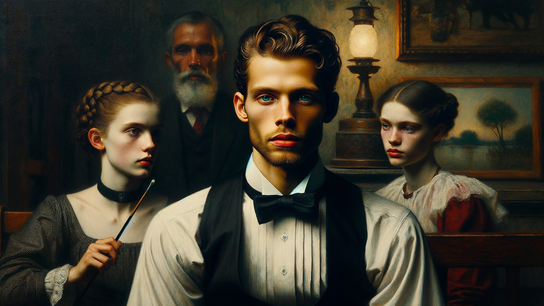 Portrait of Young Man in Bow Tie with Two Women