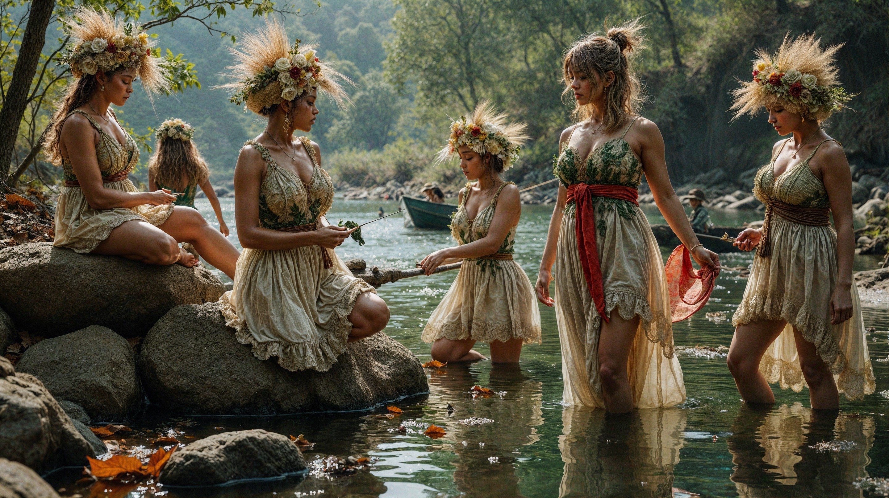 Women in Nature-Inspired Dresses by a Serene River