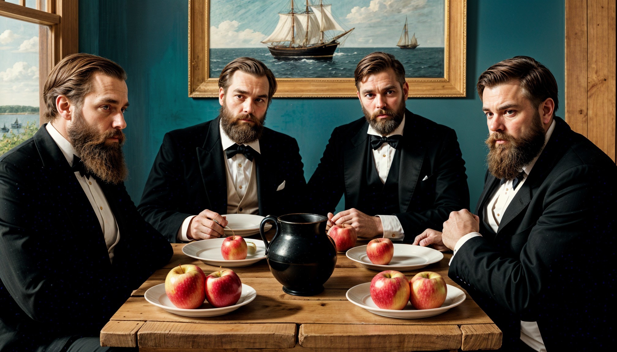 Bearded Men in Tuxedos Around Rustic Table Setting